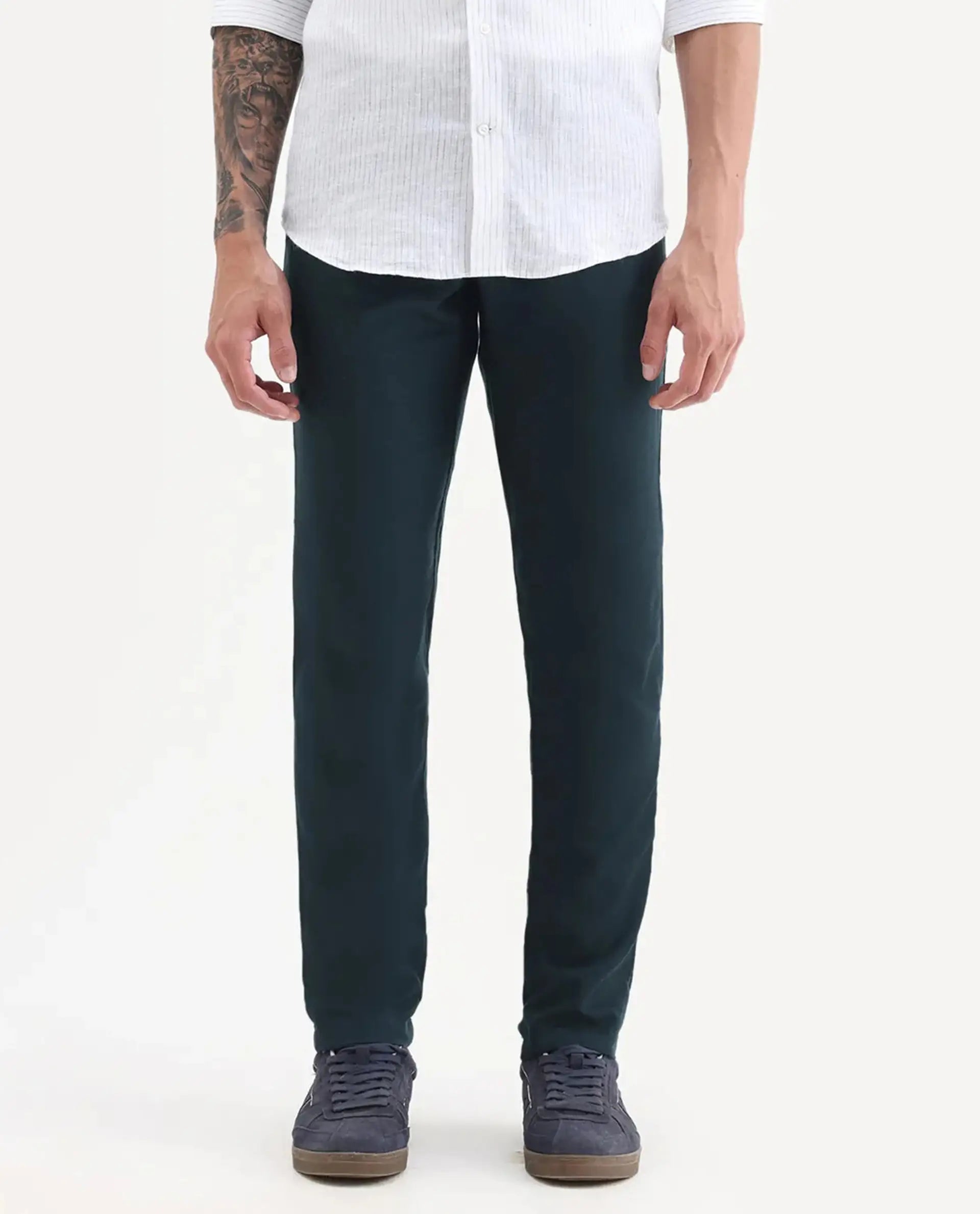 Rare Rabbit Men's Cameo Navy Linen Plain Regular Fit Trouser