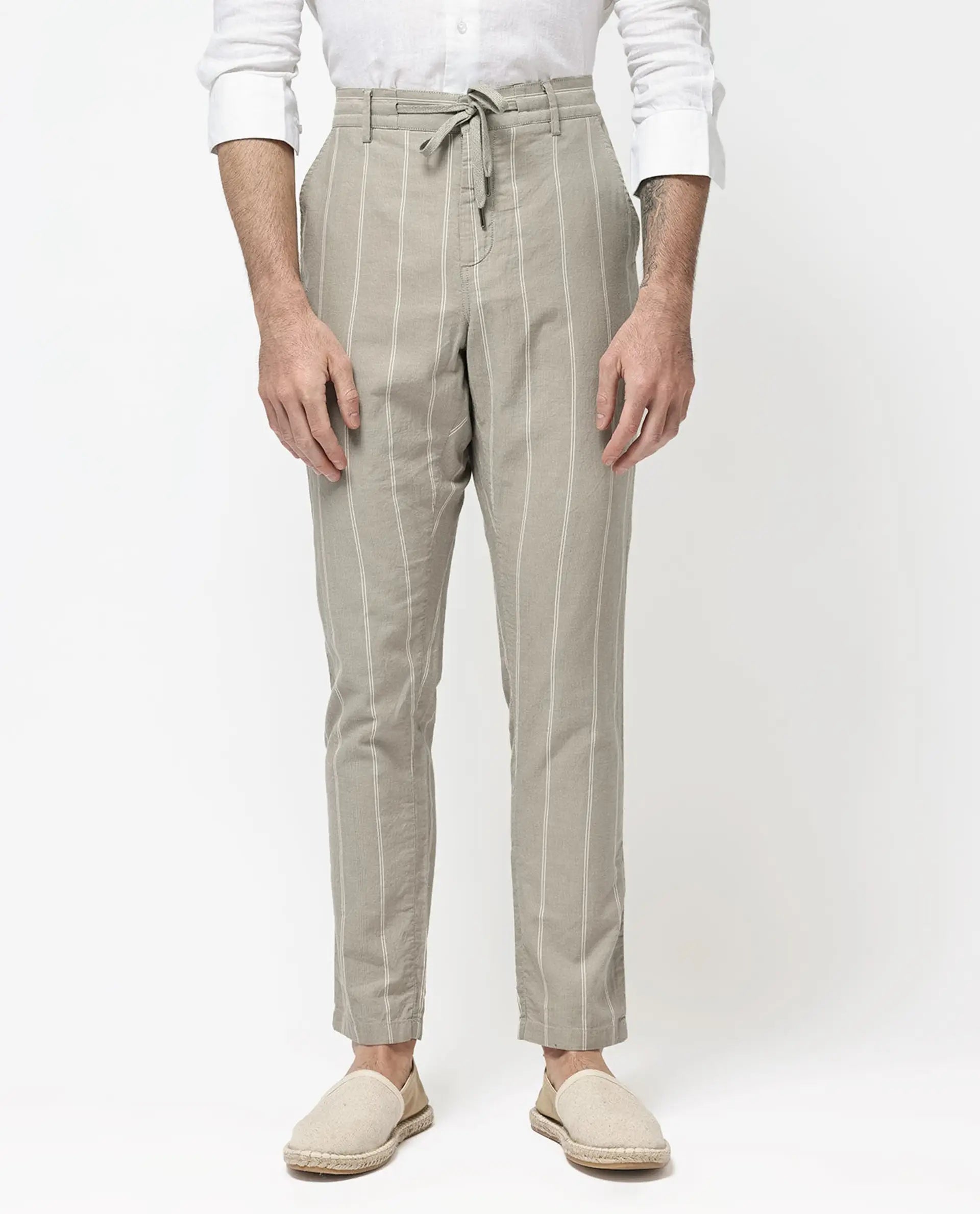Rare Rabbit Men's Canal Grey Cotton Striped Print Regular Fit Trouser