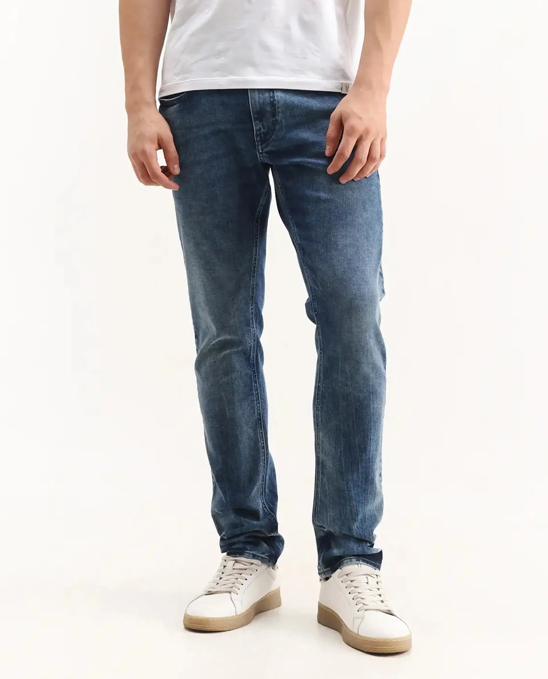 Rare Rabbit Men's Cast Blue Cotton Blend Plain Hawk Slim Fit Jeans