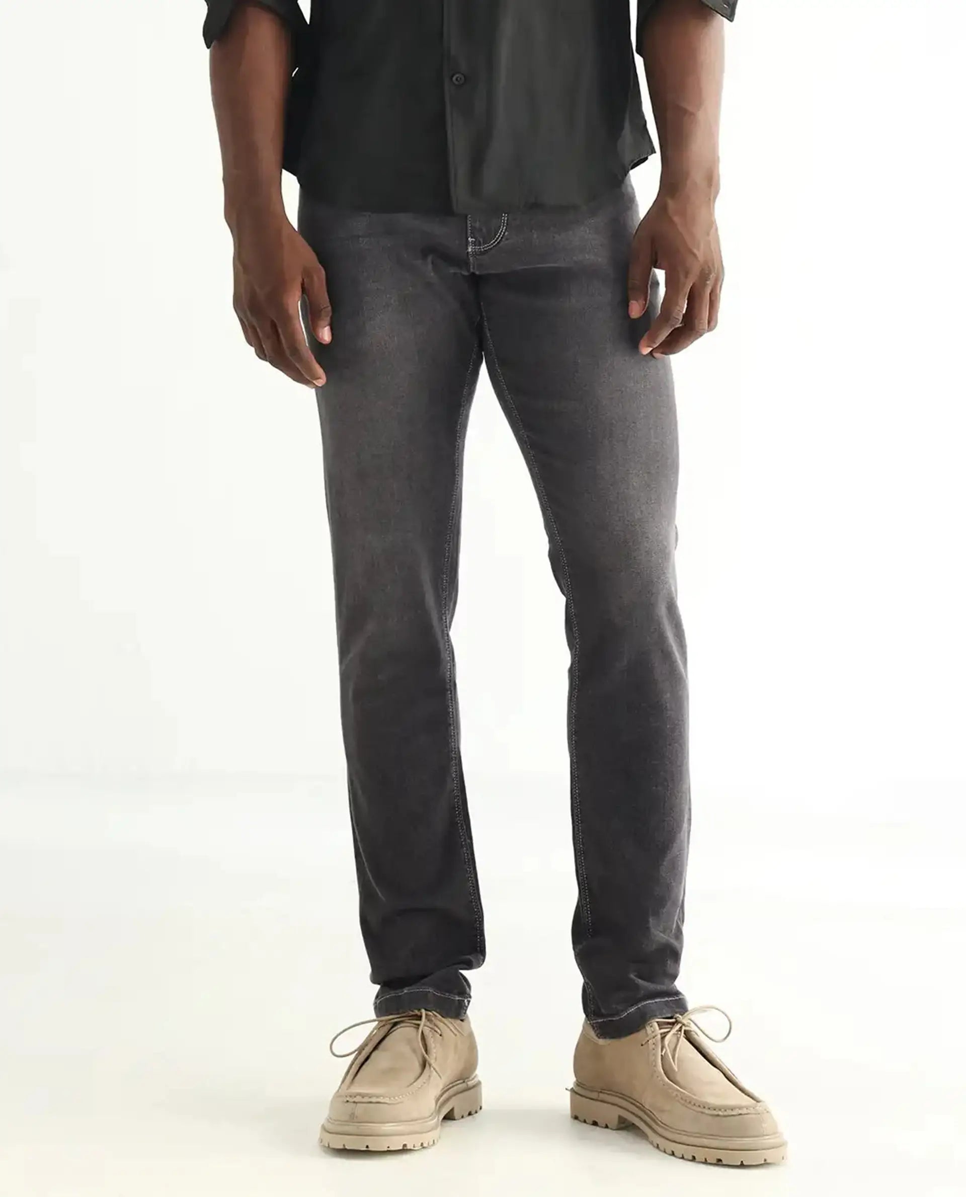 Rare Rabbit Men's Celebi Grey Cotton Plain Hawk Slim Fit Jeans