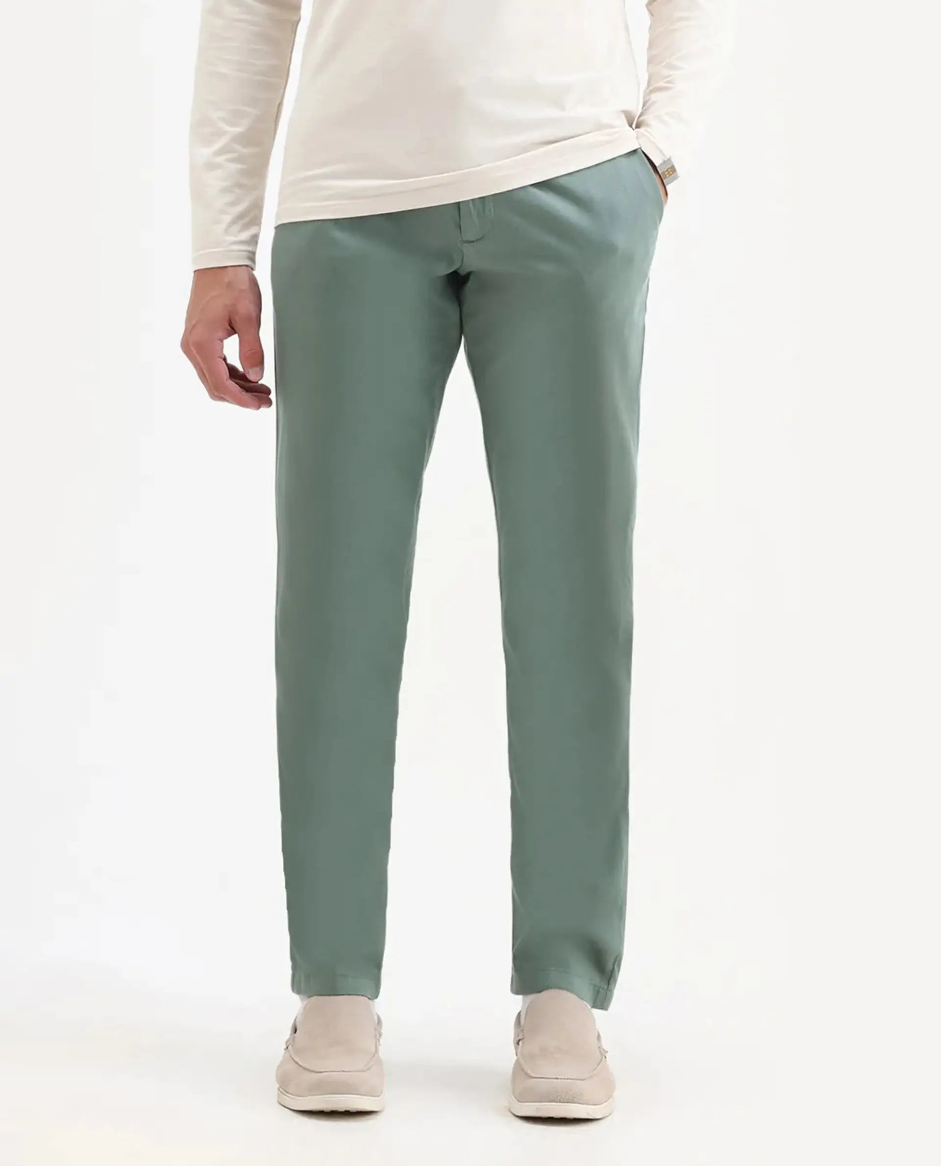 Rare Rabbit Men's Cellular Green Cotton Plain Regular Fit Trouser
