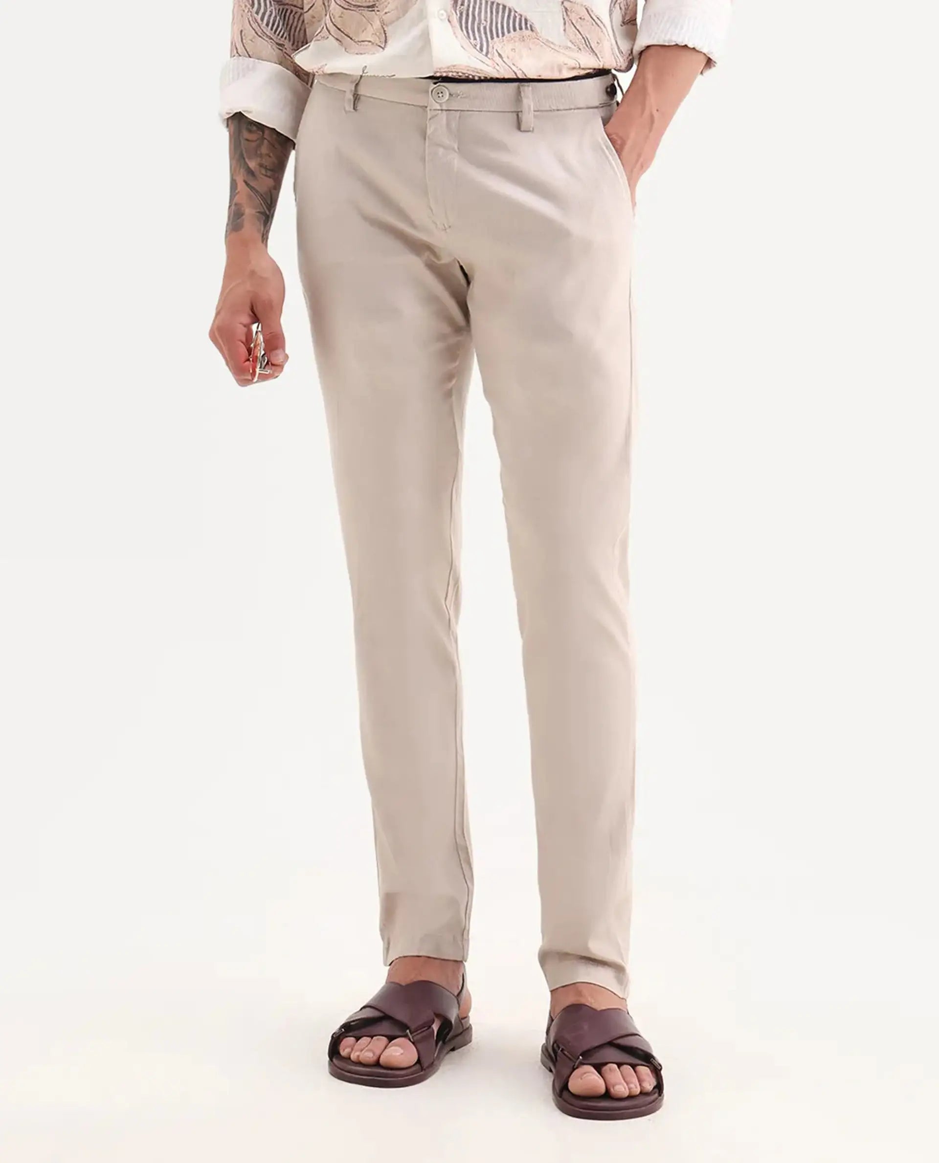 Rare Rabbit Men's Cellular Light Pink Cotton Plain Regular Fit Trouser