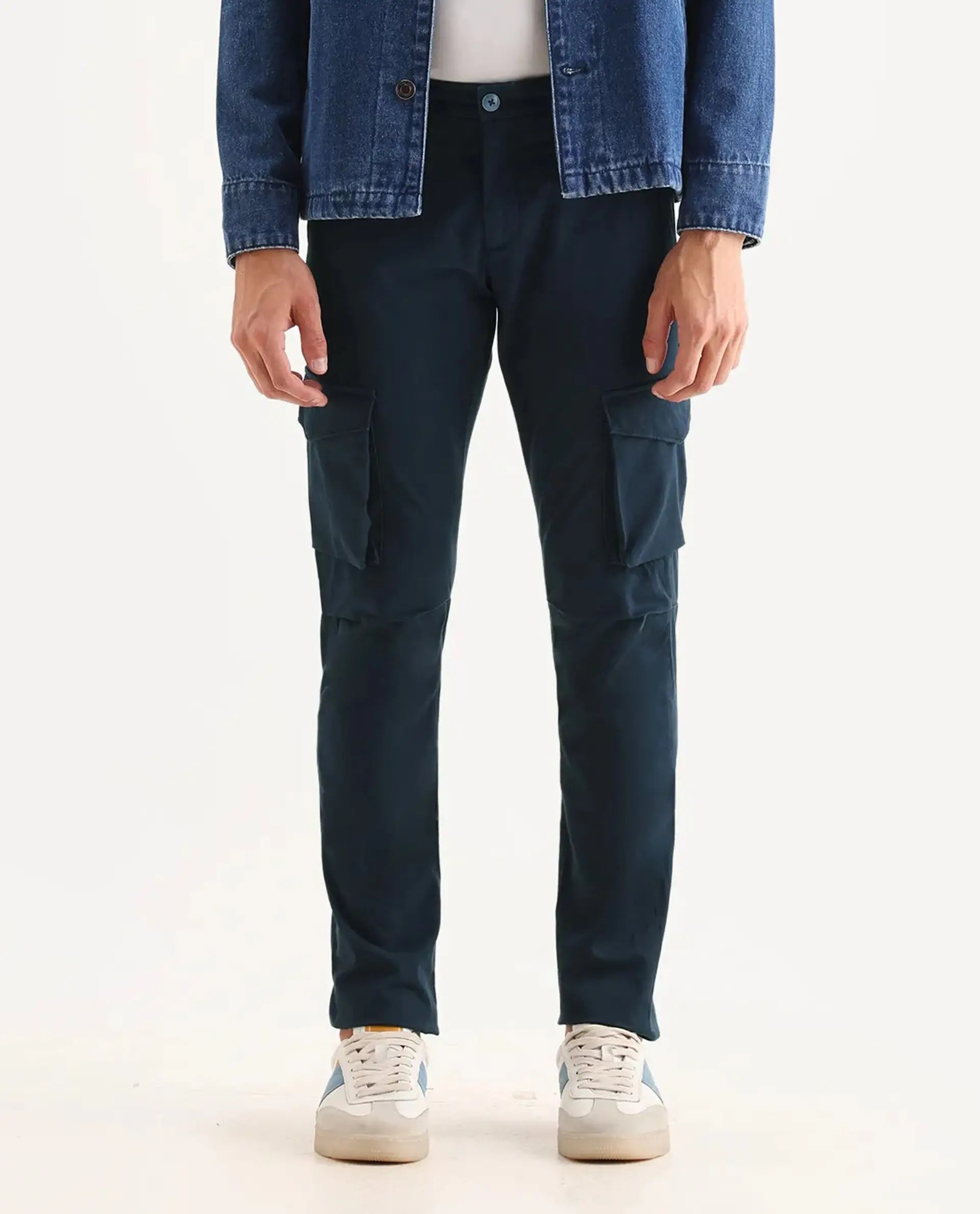 Rare Rabbit Men's Celu Navy Cotton Plain Slim Fit Trouser