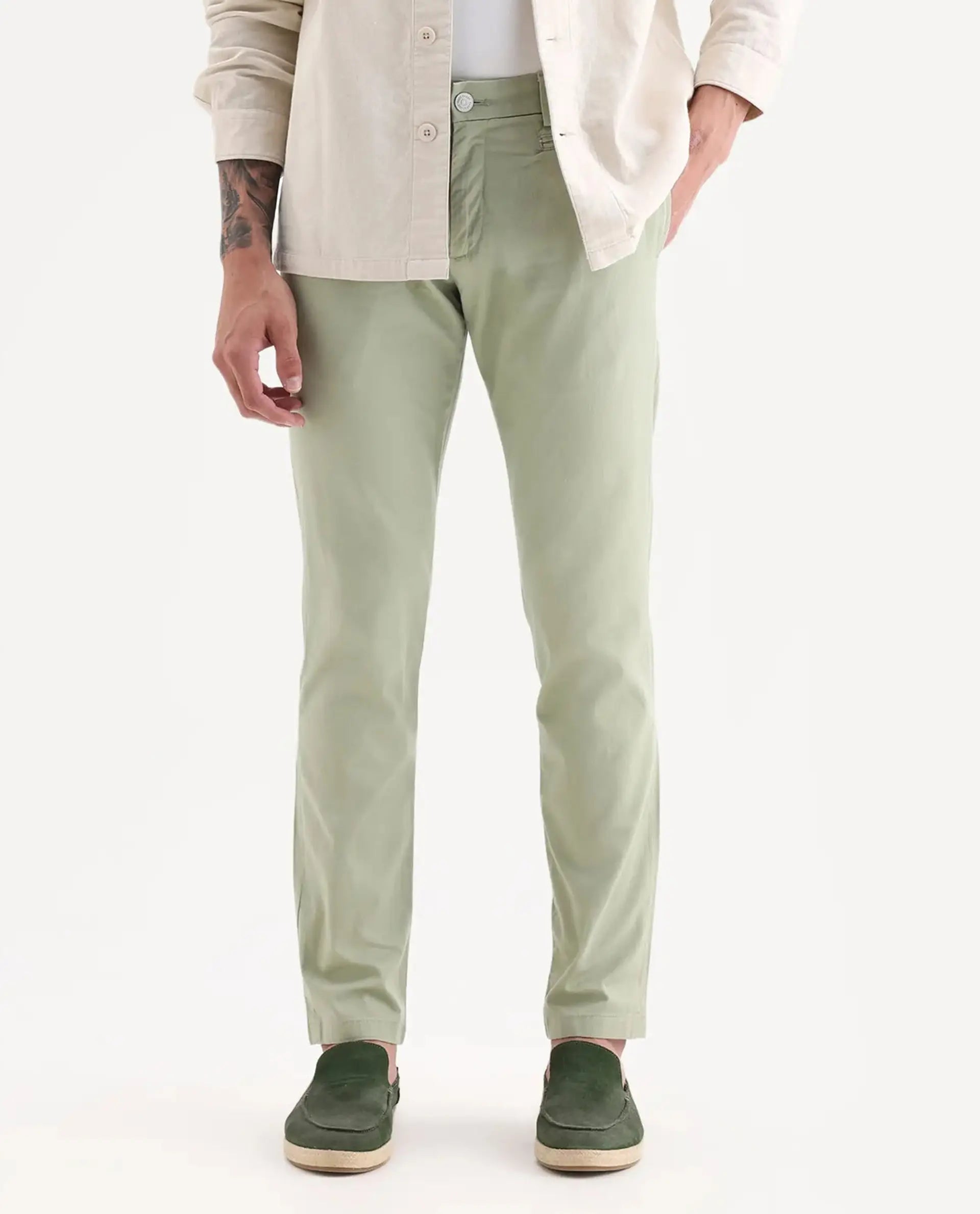 Rare Rabbit Men's Clovet Pastel Green Cotton Plain Regular Fit Trouser