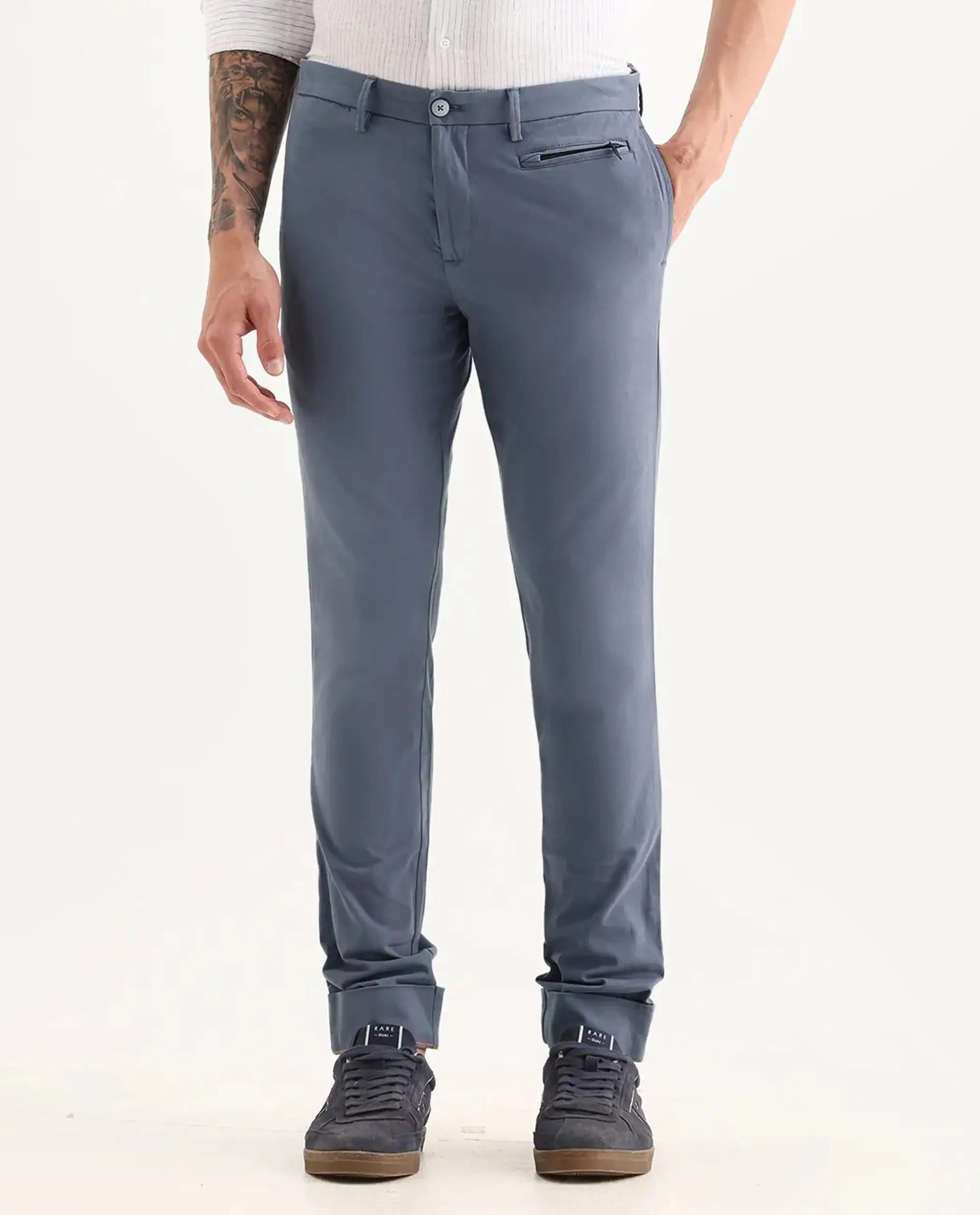 Rare Rabbit Men's Clovey Grey Cotton Plain Slim Fit Trouser
