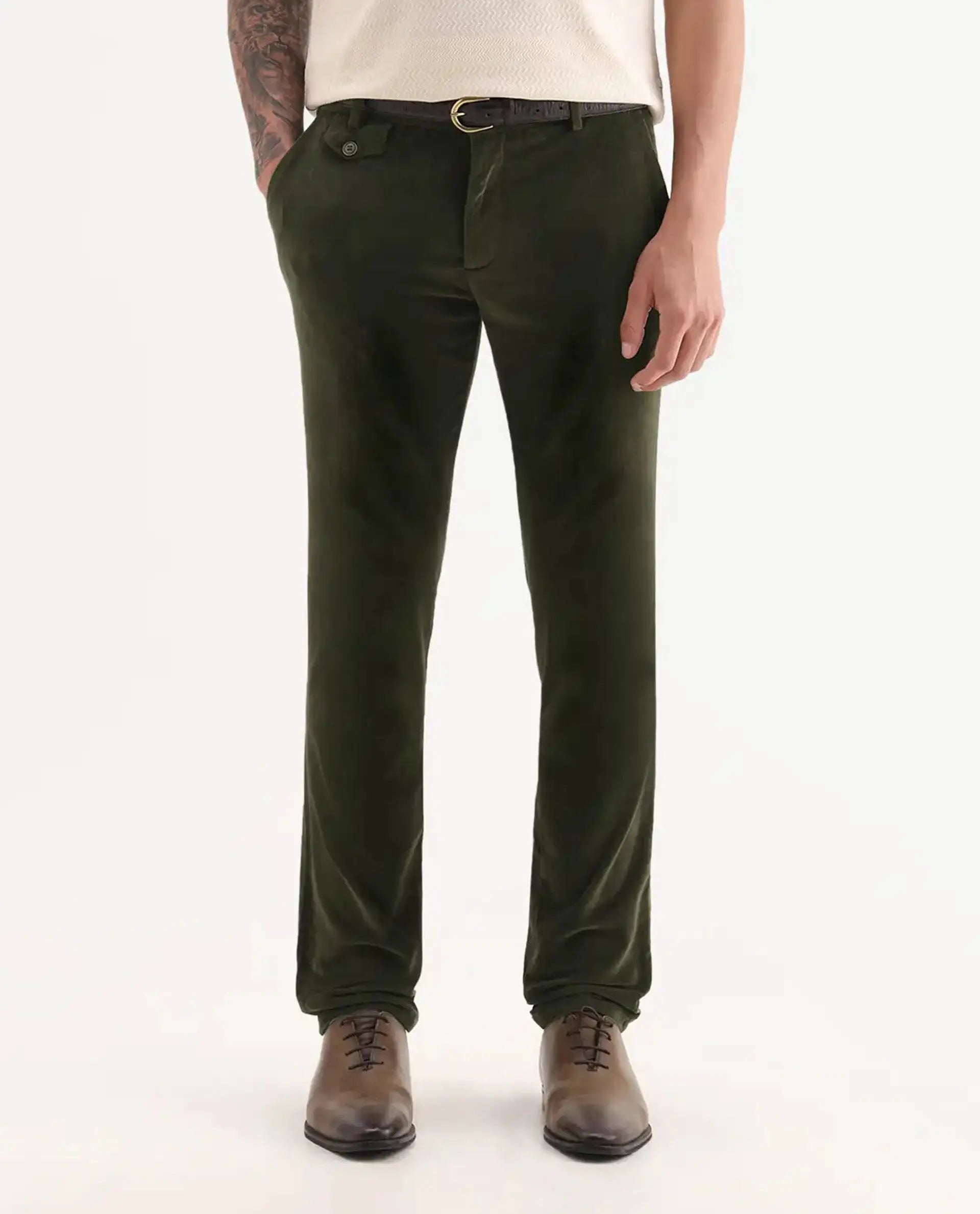 Rare Rabbit Men's Cloy Olive Cotton Plain Regular Fit Trouser