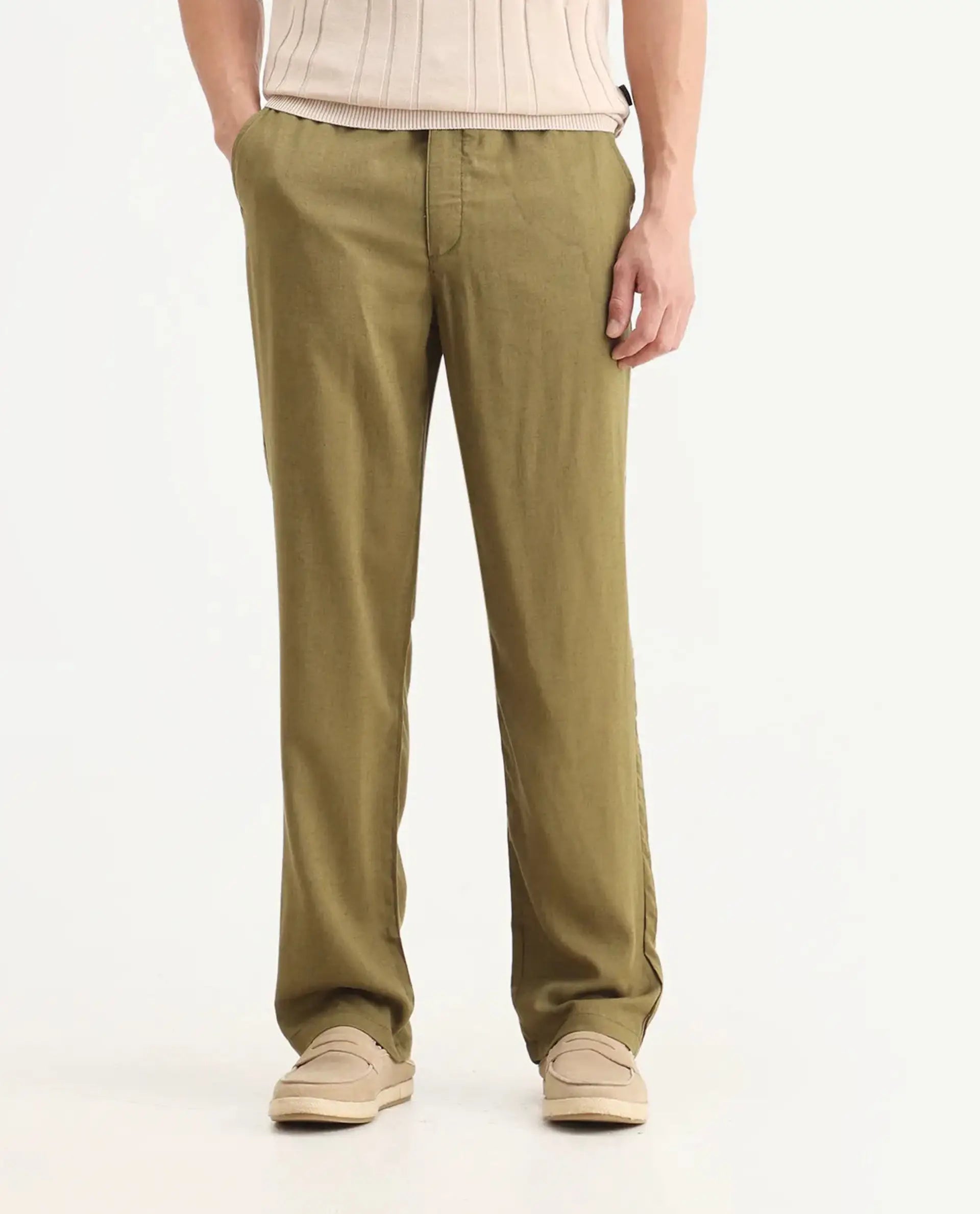 Rare Rabbit Men's Coft-B Olive Linen Blend Plain Loose Fit Trouser