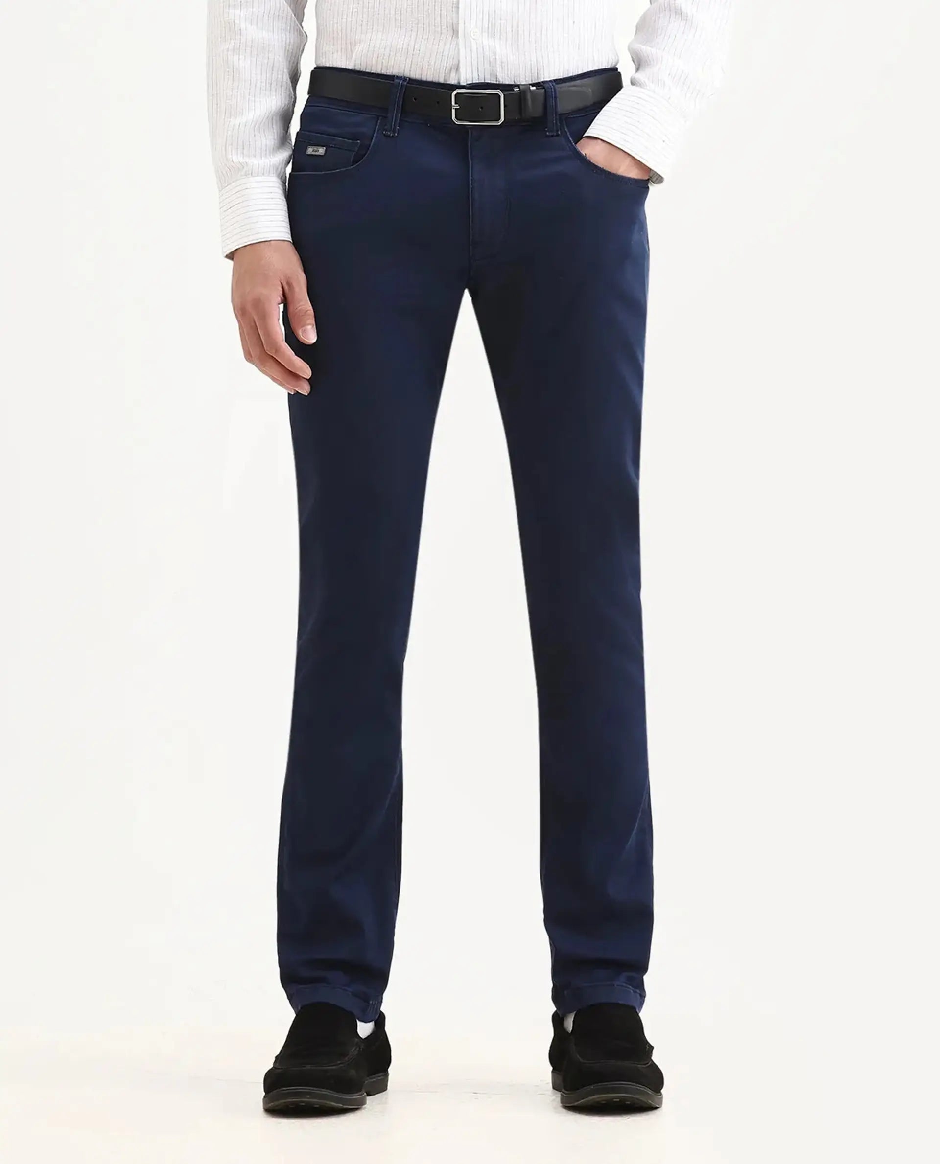 Rare Rabbit Men's Corvo Blue Cotton Blend Plain Hawk Slim Fit Jeans