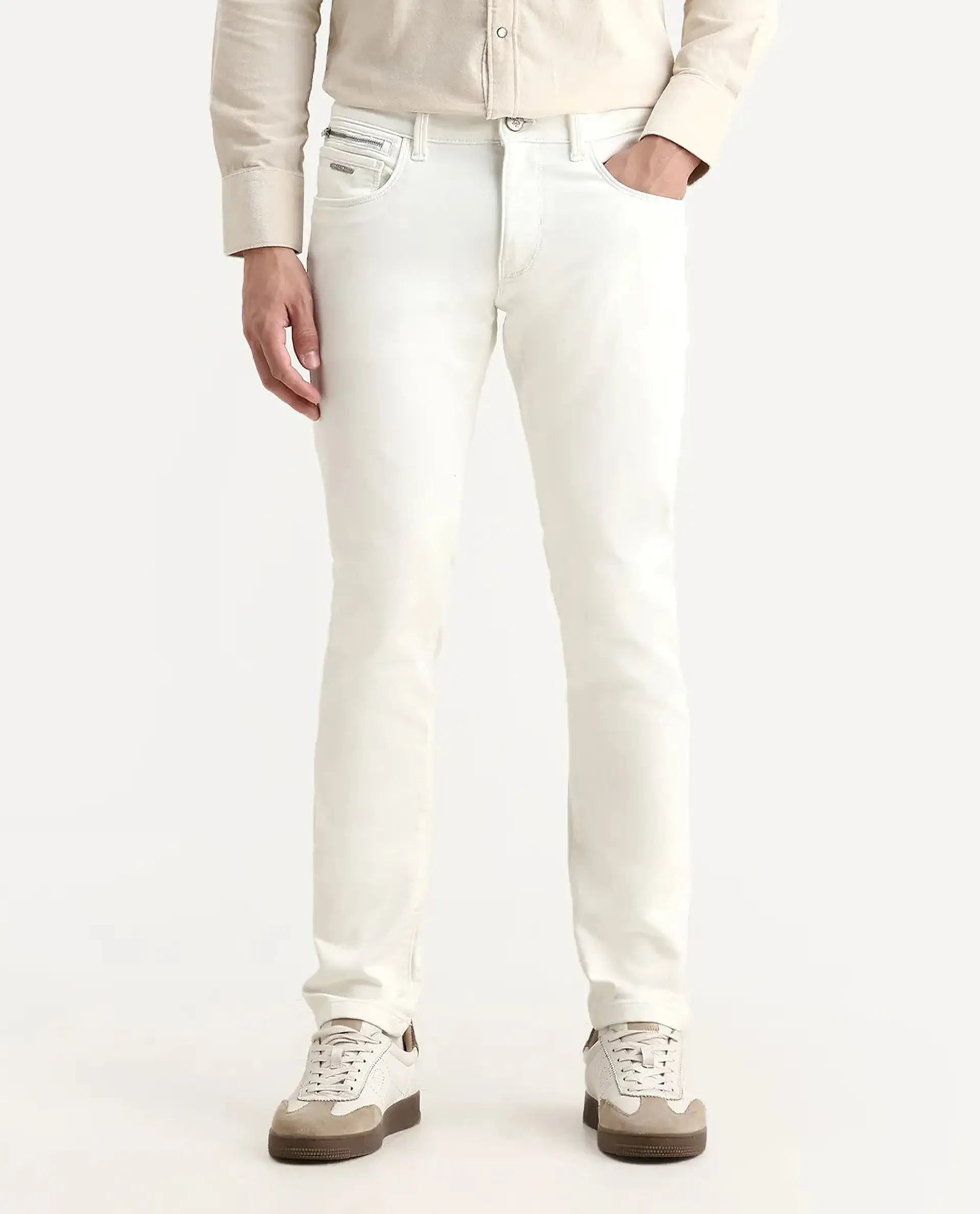 Rare Rabbit Men's Corvo Off White Cotton Blend Plain Hawk Slim Fit Jeans