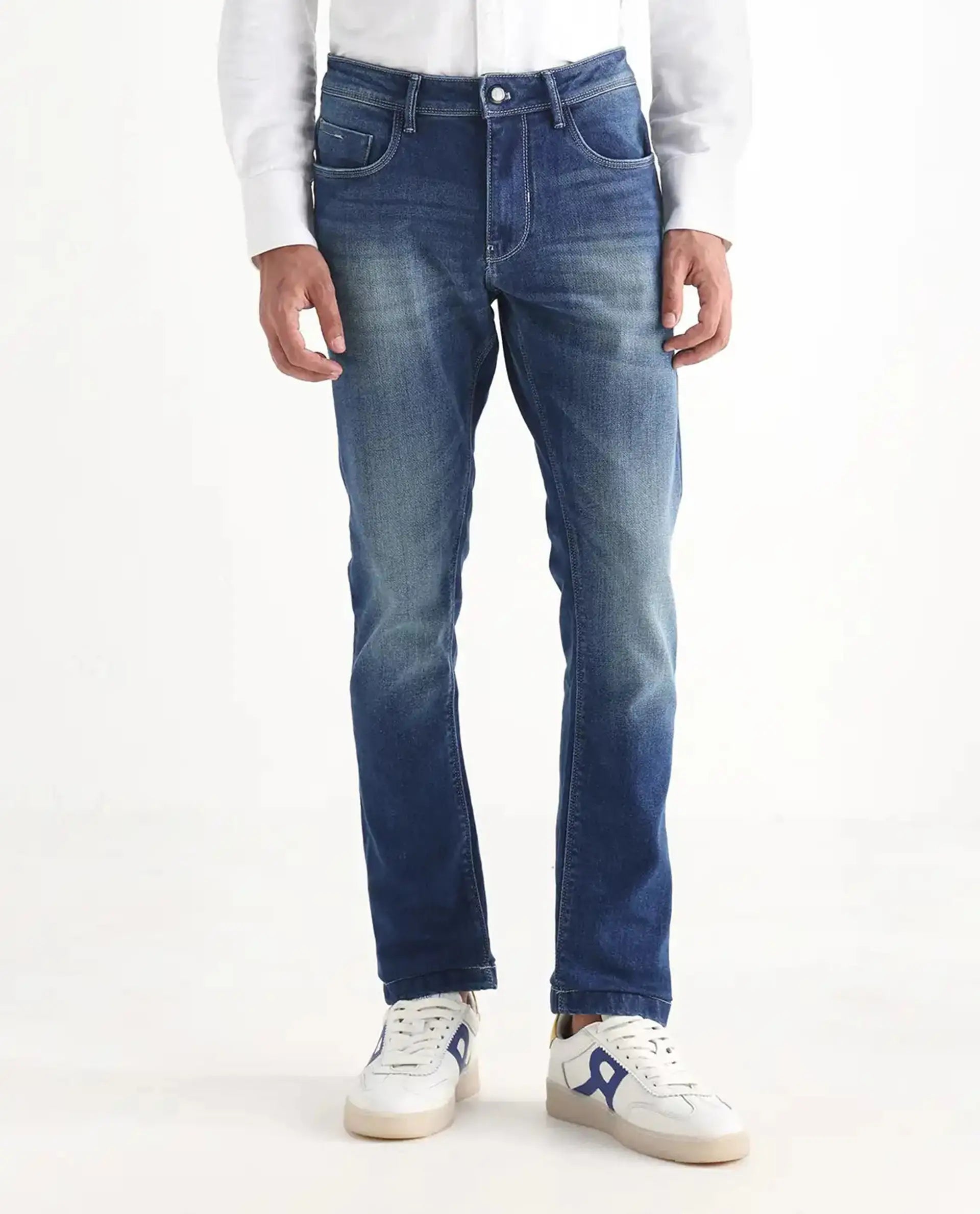 Rare Rabbit Men's Cyr Light Blue Cotton Plain Hawk Slim Fit Jeans