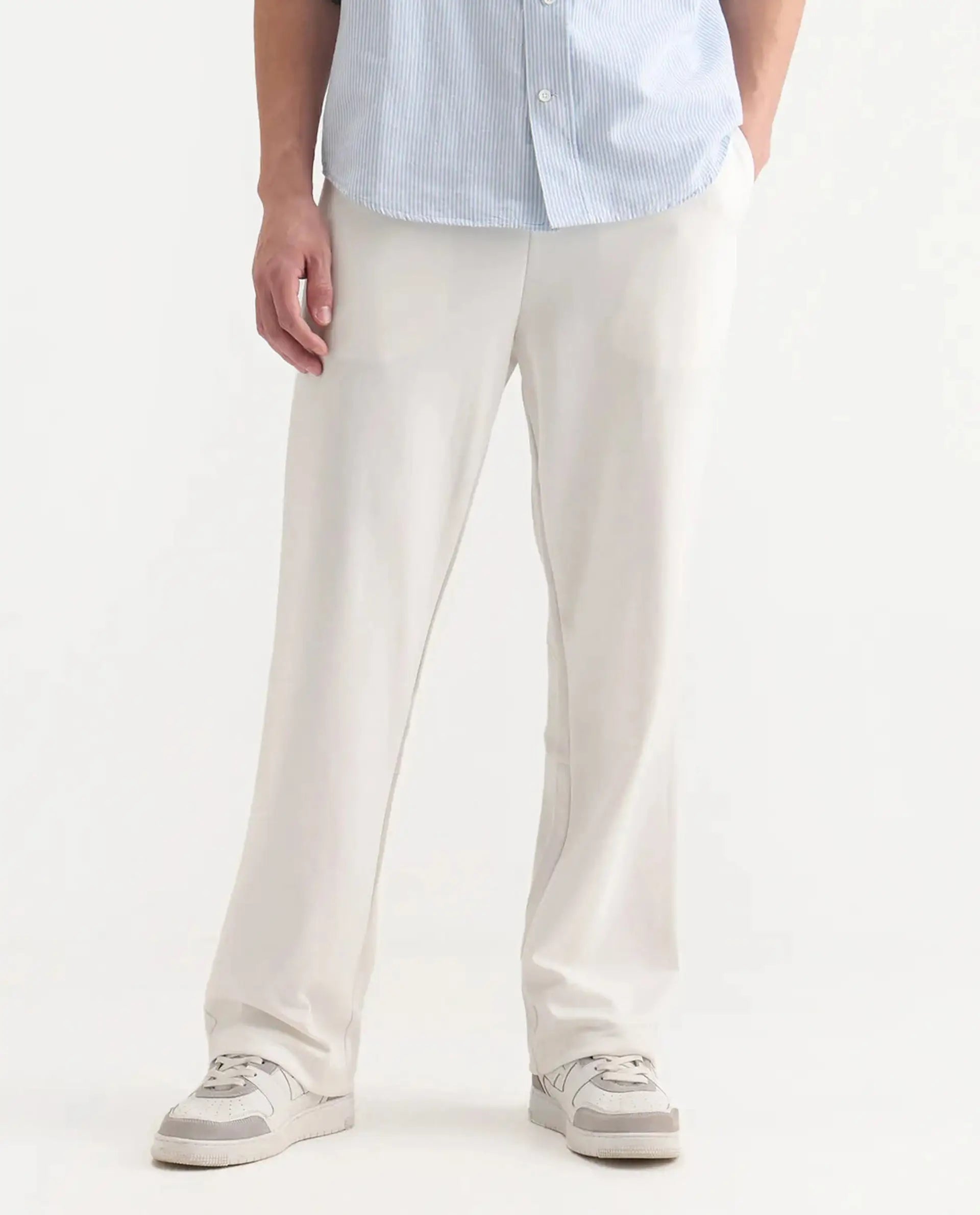 Rare Rabbit Men's Dalton Off White Cotton Blend Plain Baggy Fit Trouser