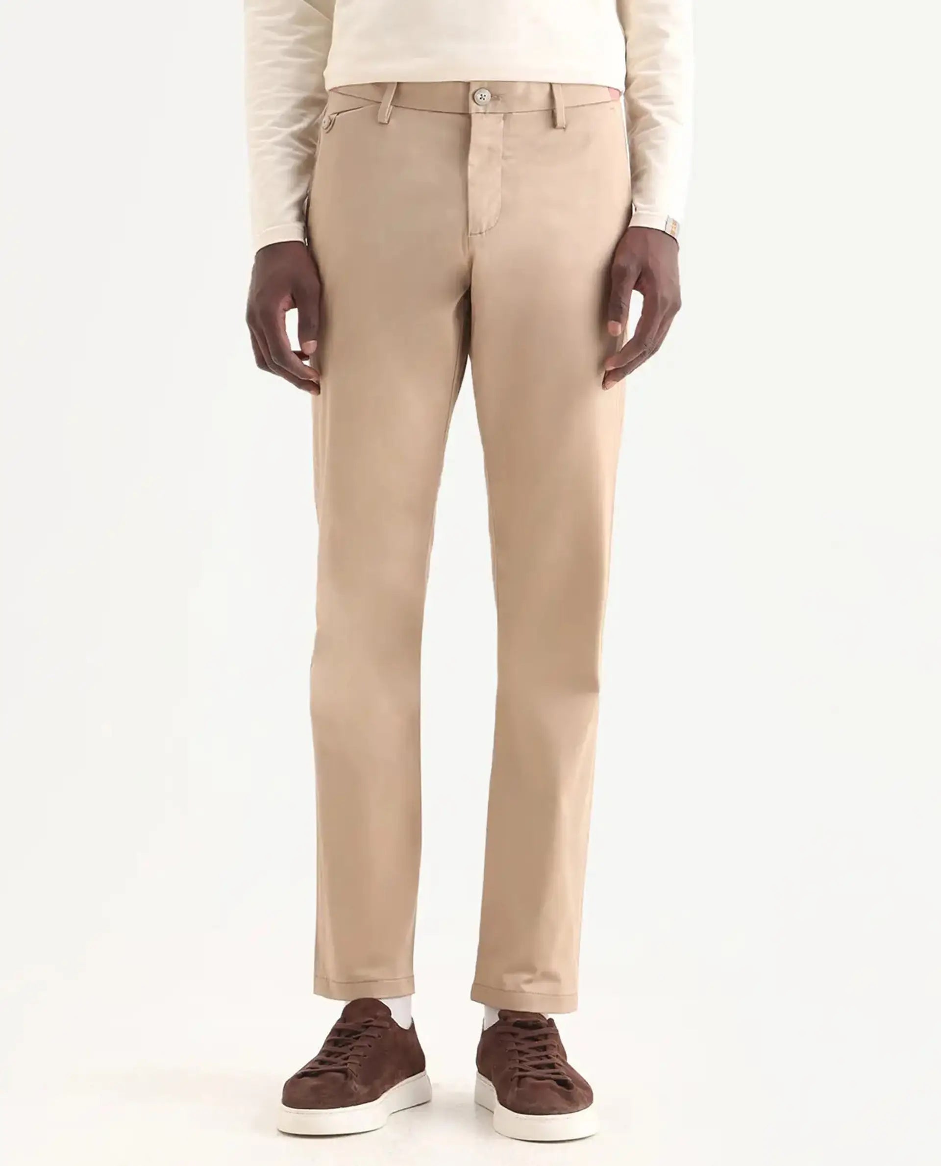 Rare Rabbit Men's Daron Beige Cotton Plain Regular Fit Trouser