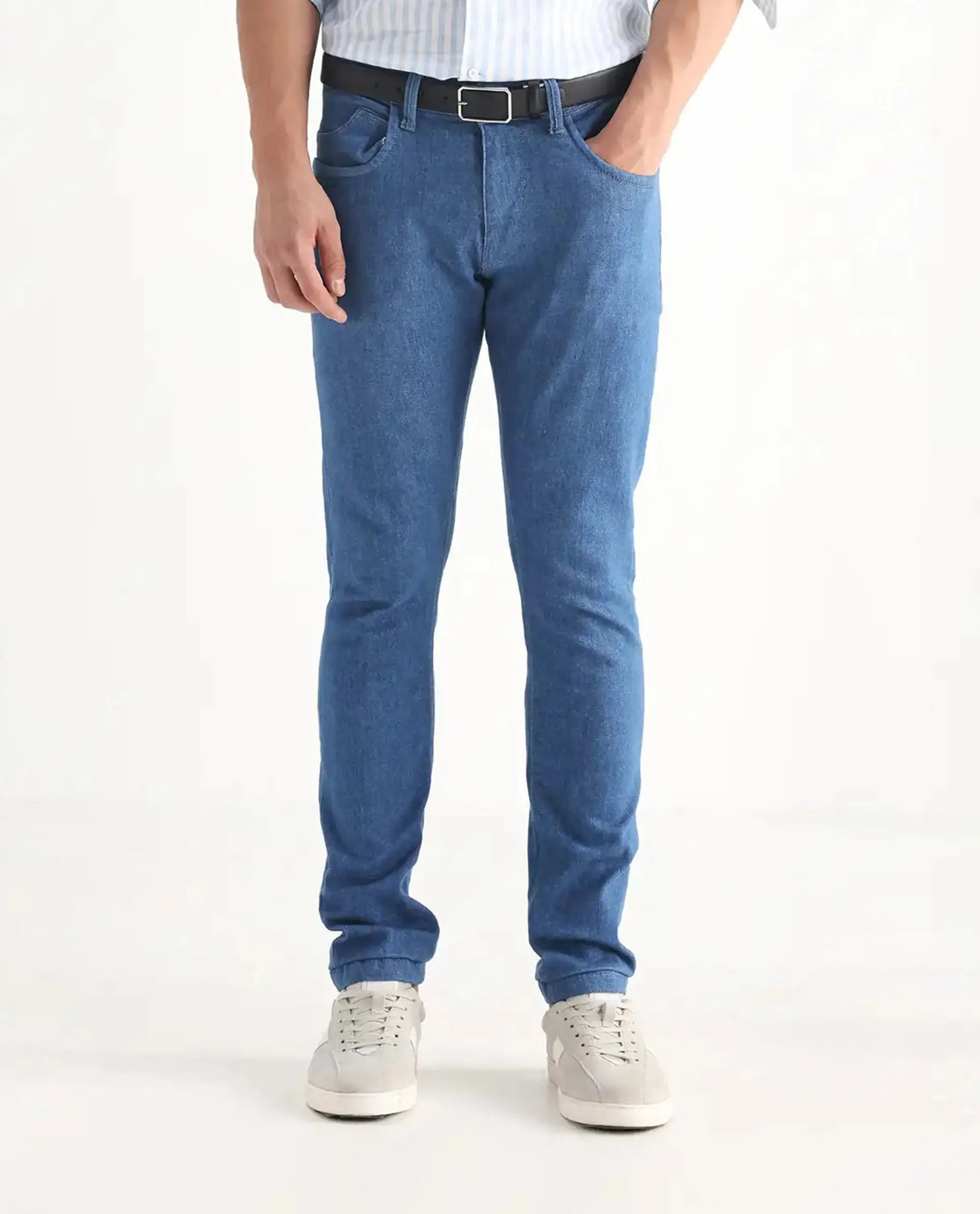 Rare Rabbit Men's Decca Blue Cotton Plain Hawk Slim Fit Jeans