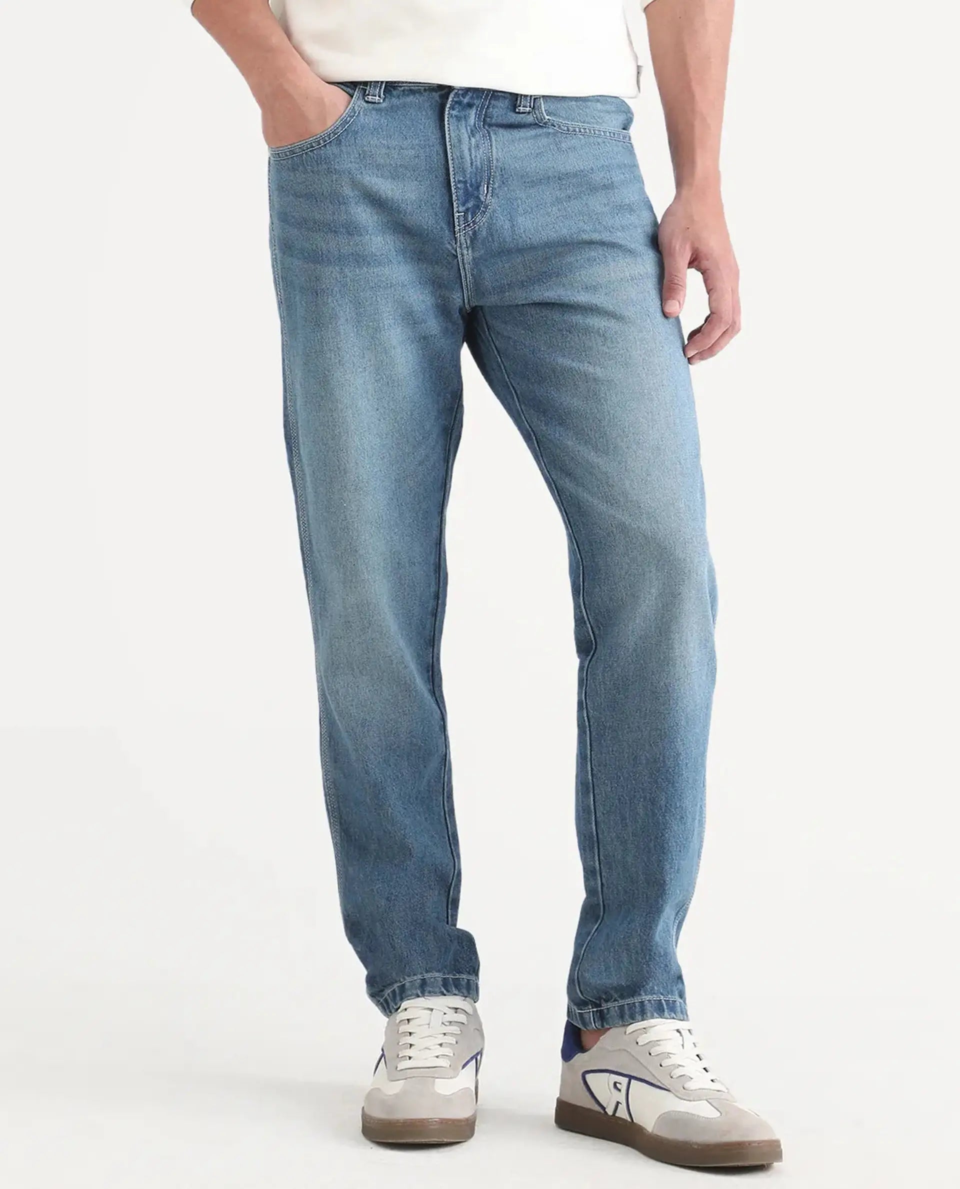 Rare Rabbit Men's Denis K Blue Cotton Blend Fabric Kurt Carrot Fit Plain Jeans