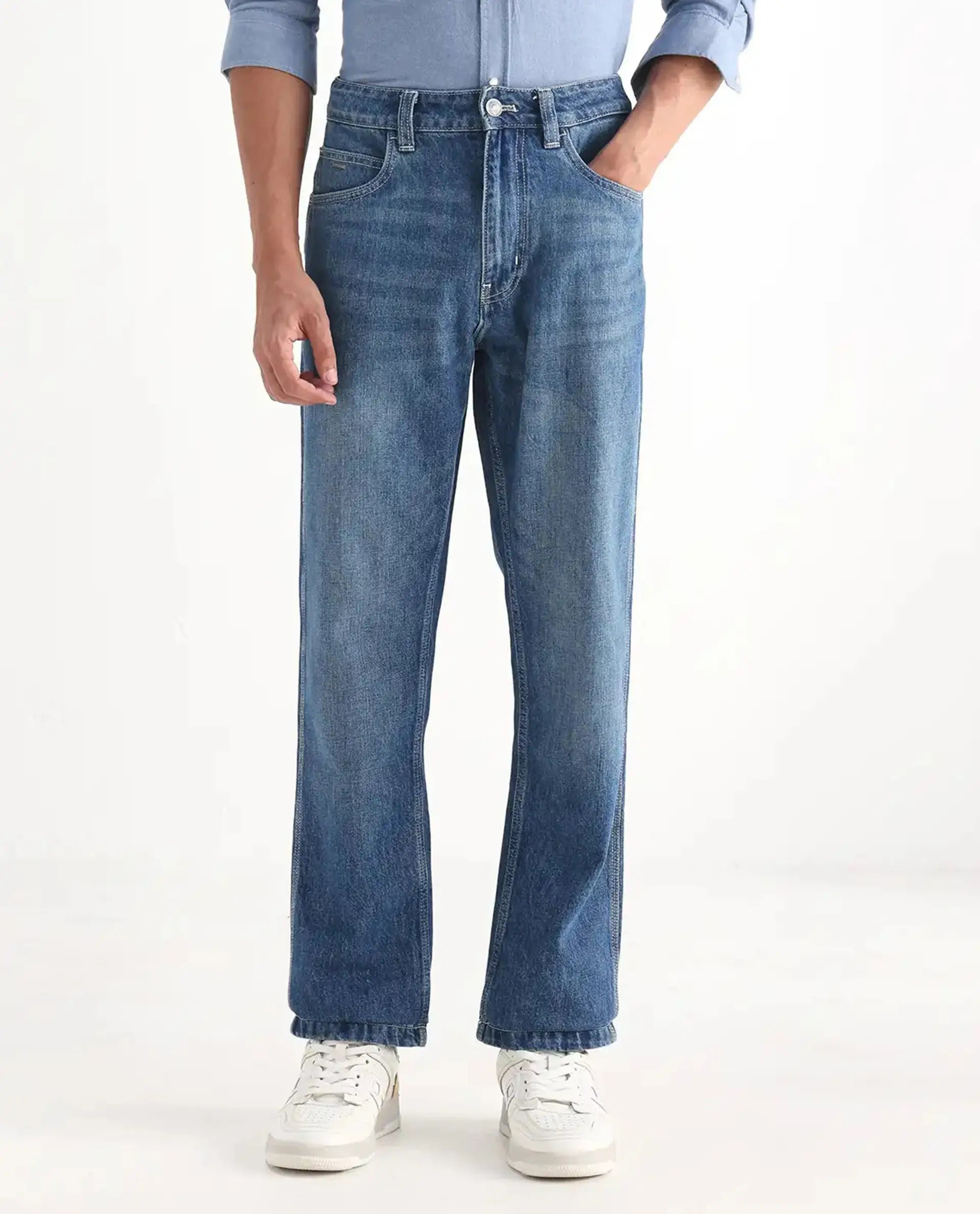 Rare Rabbit Men's Denis Blue Cotton Plain Morris Regular Fit Jeans