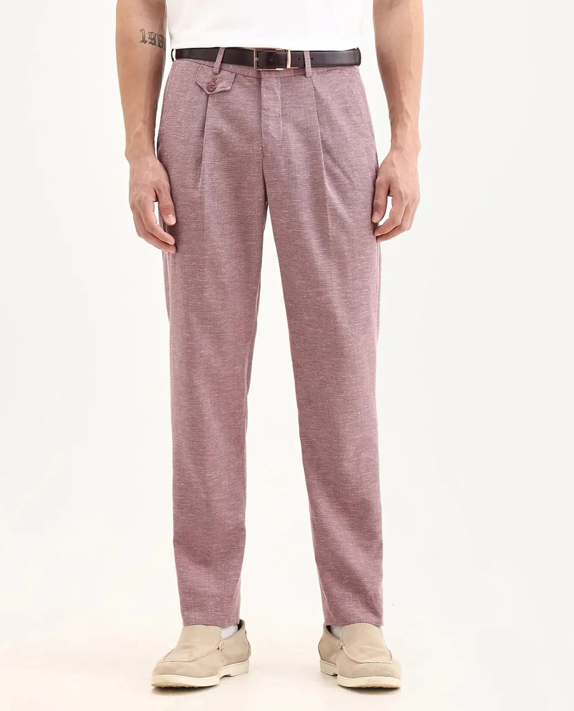 Rare Rabbit Men's Dex Maroon Cotton Plain Regular Fit Trouser