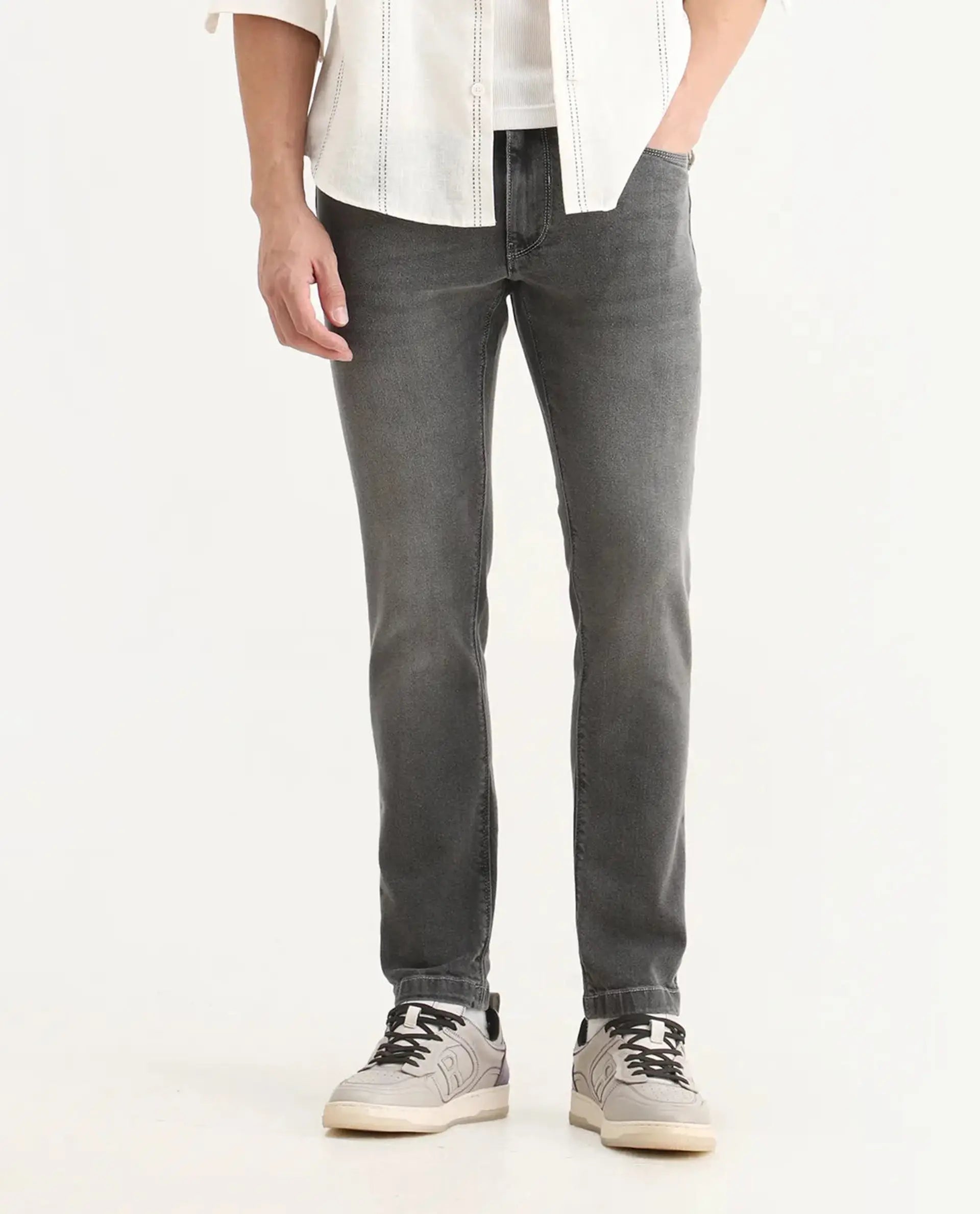 Rare Rabbit Men's Divi Light Grey Cotton Plain Hawk Slim Fit Jeans