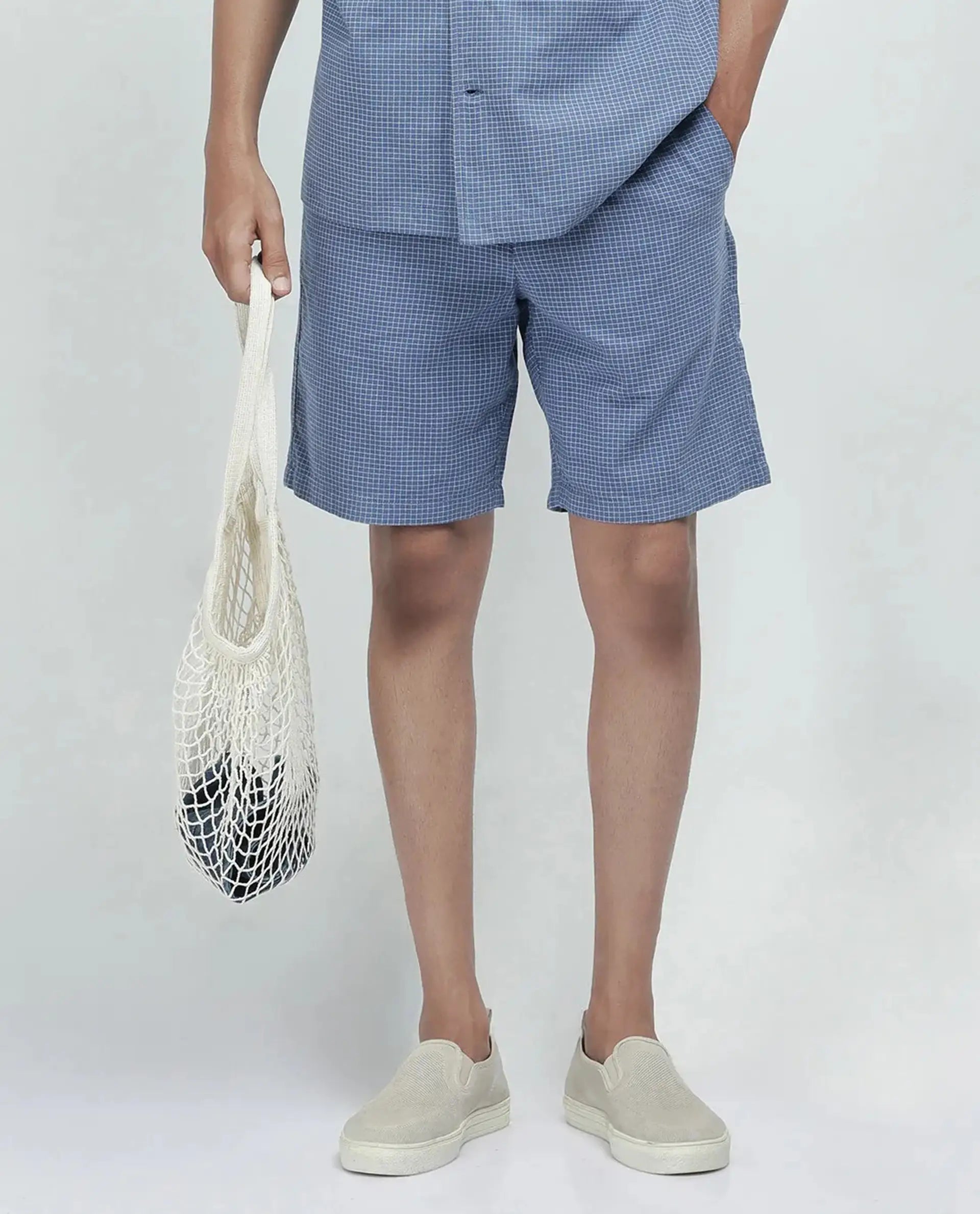 Rare Rabbit Men's Dorn Blue Cotton Checked Print Relaxed Fit Shorts