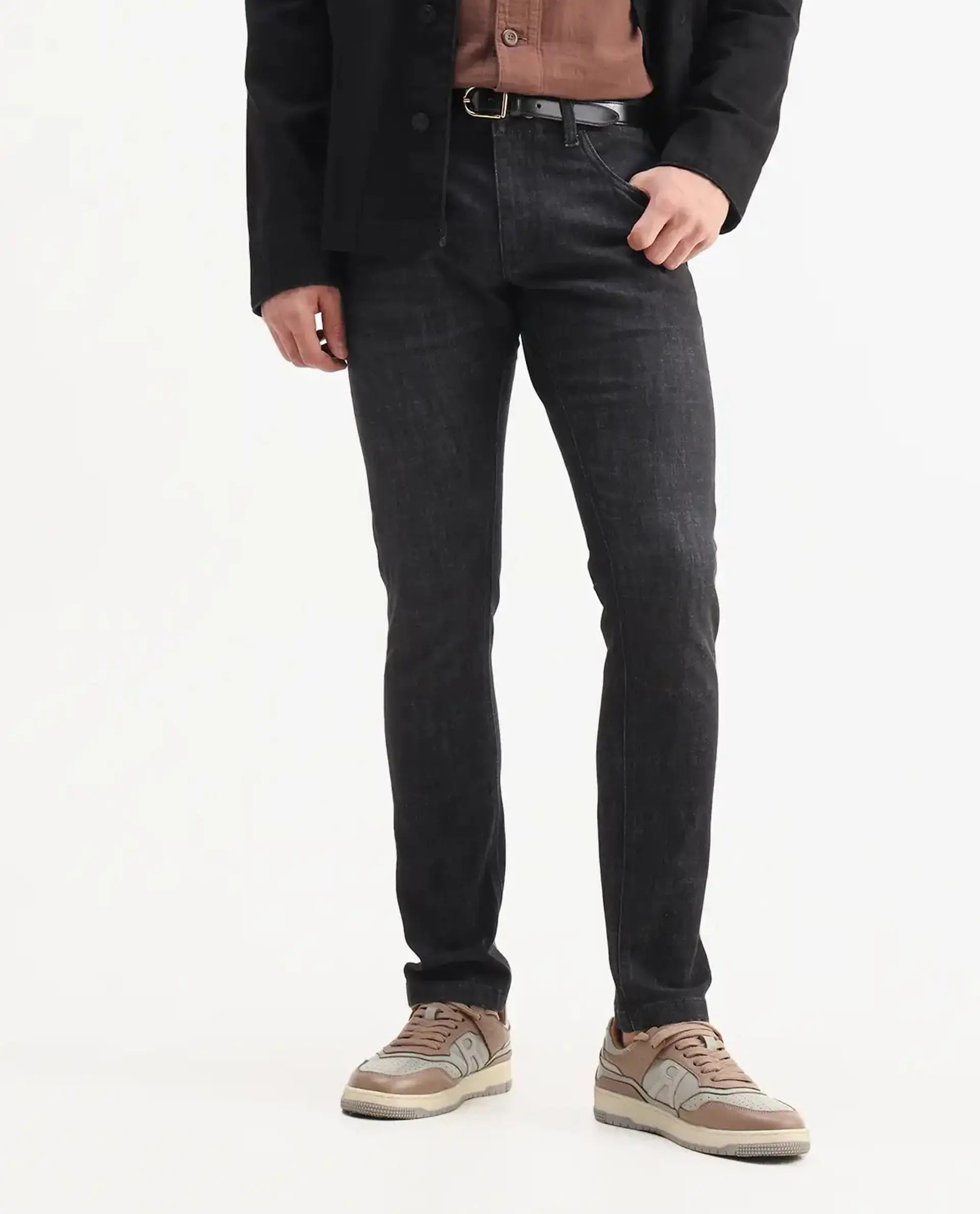 Rare Rabbit Mens Dove Black Cotton Polyester Solid Skinny Fit Jeans