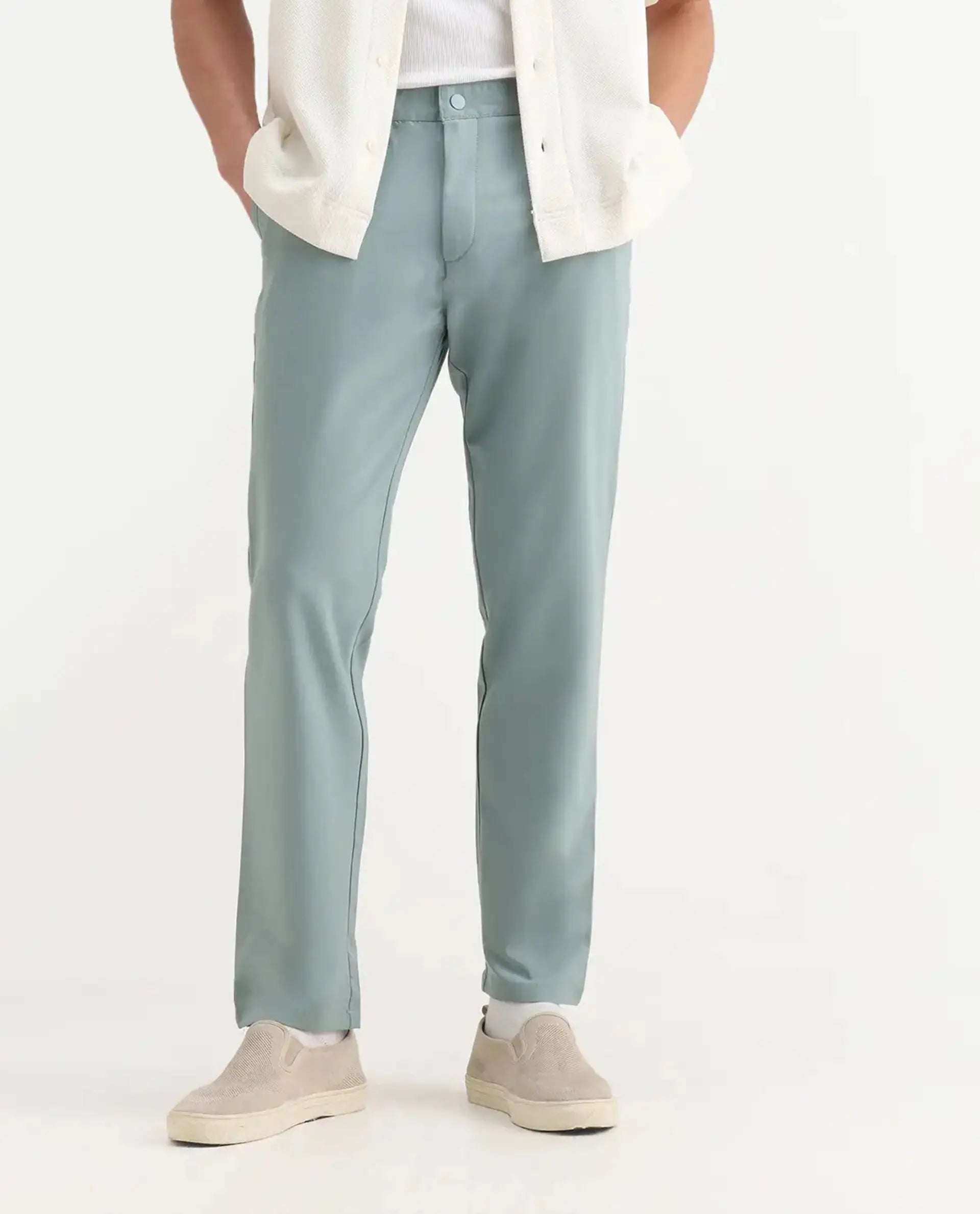 Rare Rabbit Men's Driver-2 Pastel Green Polyester Blend Plain Regular Fit Trouser