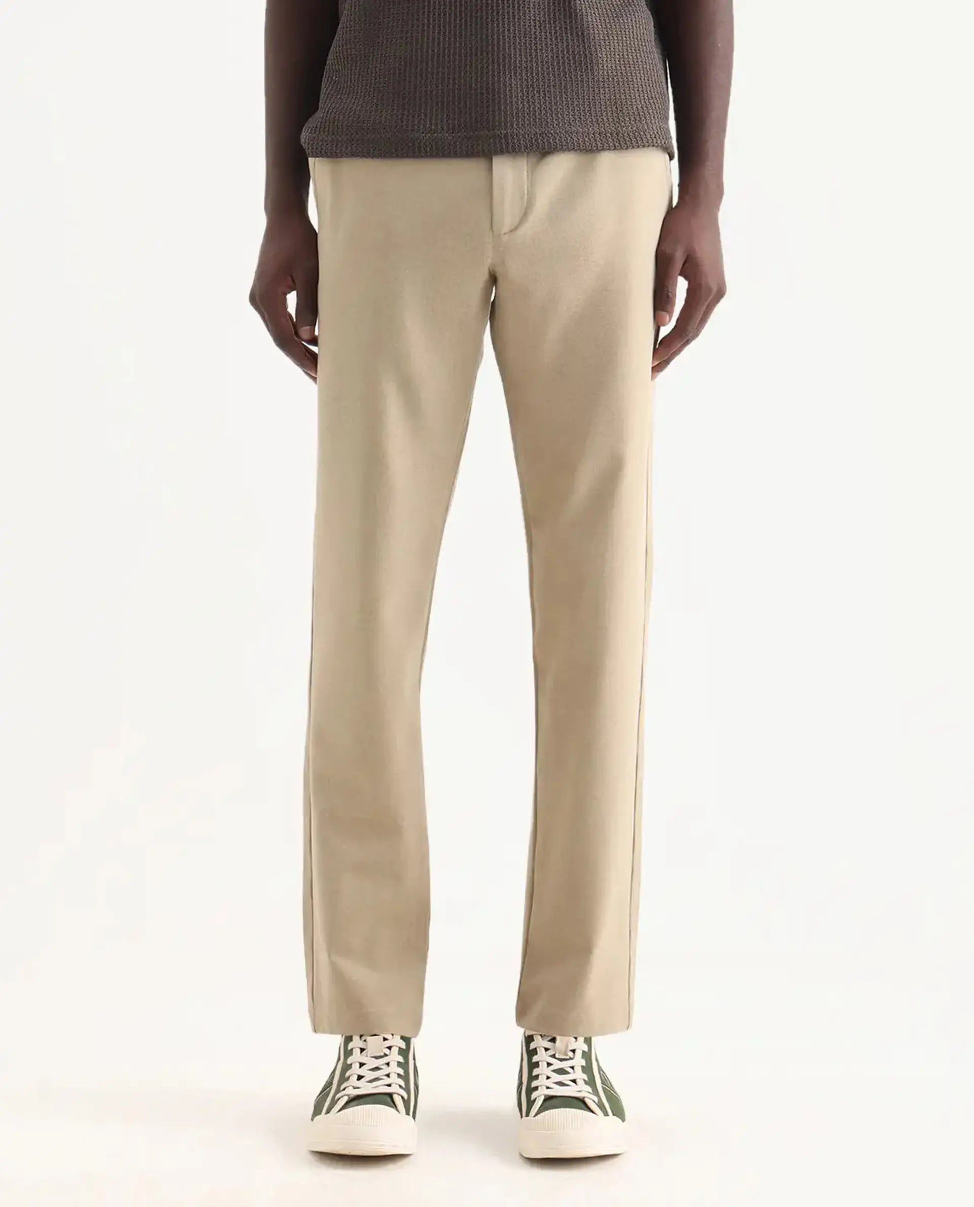 Rare Rabbit Men's Driver-Aw25 Khaki Polyester Blend Plain Regular Fit Trouser