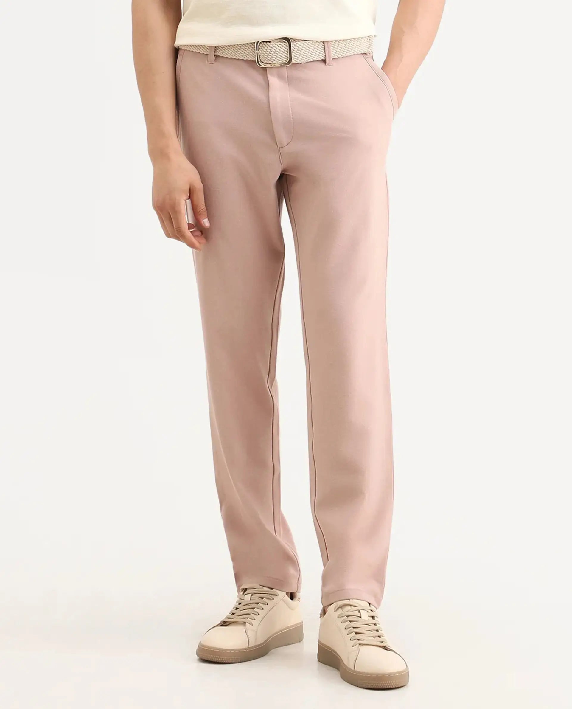 Rare Rabbit Men's Driver-Ss26 Dusky Peach Polyester Blend Fabric Regular Fit Plain Trouser