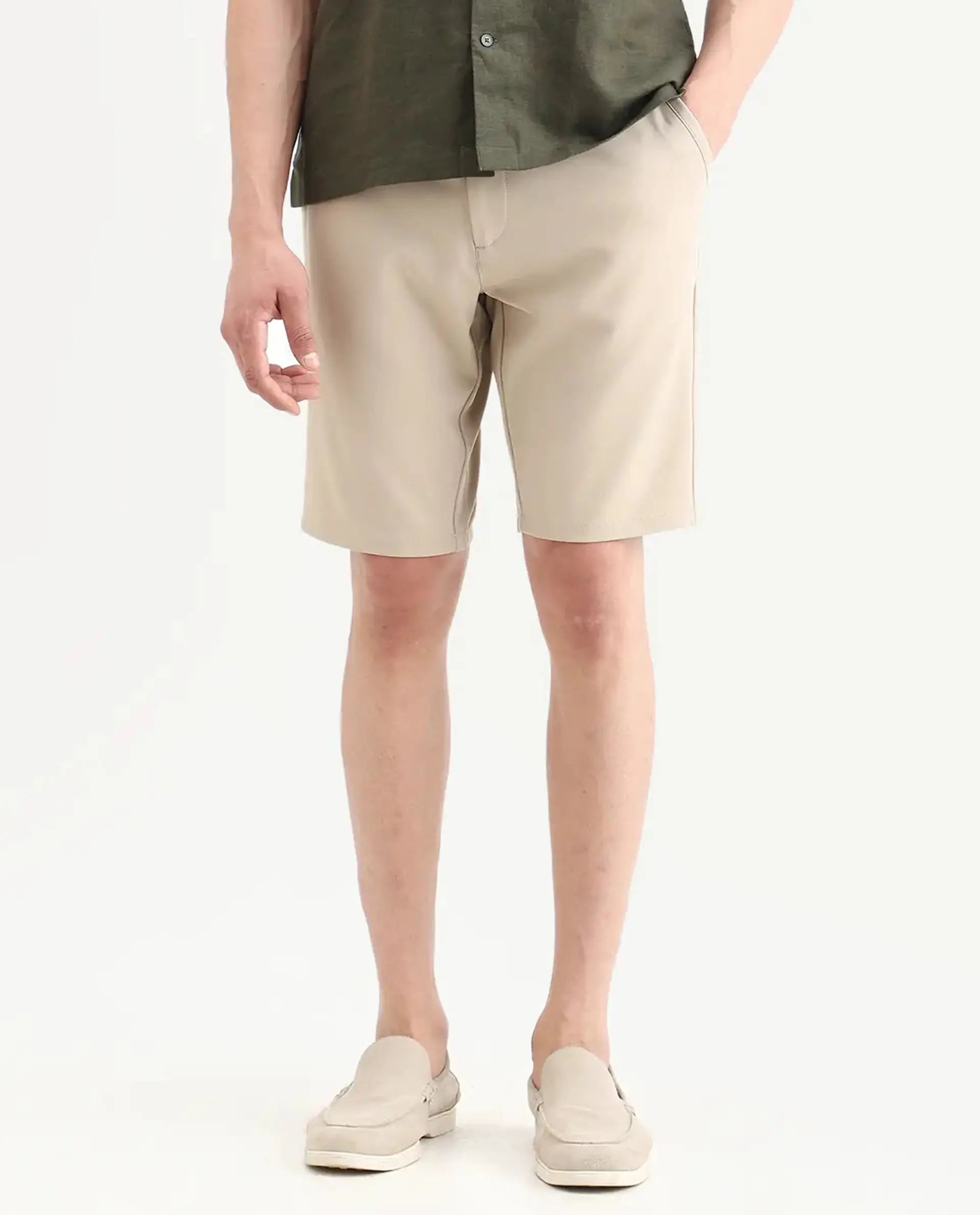 Rare Rabbit Men's Drivo-Ss26 Light Khaki Polyester Blend Fabric Regular Fit Plain Shorts