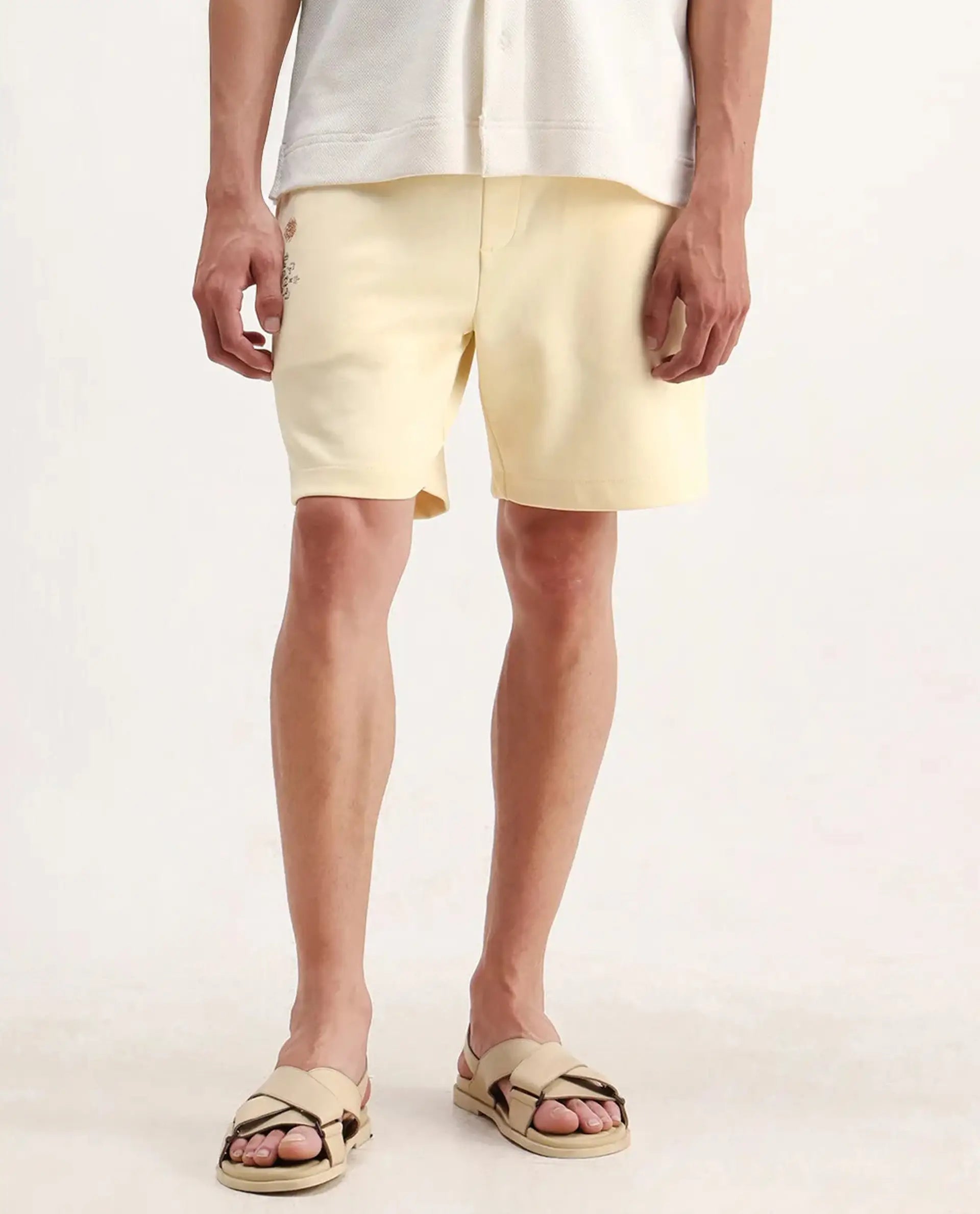 Rare Rabbit Men's Enox Pastel Yellow Cotton Blend Embroidered Regular Fit Shorts