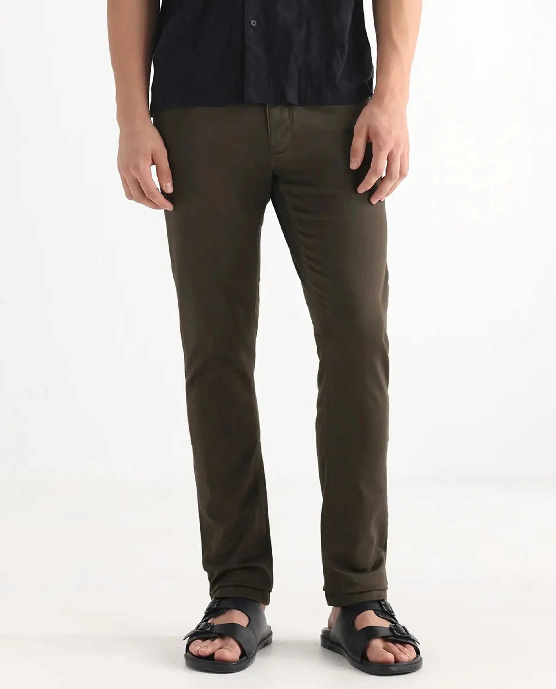 Rare Rabbit Men's Essen Dark Olive Cotton Plain Hawk Slim Fit Jeans