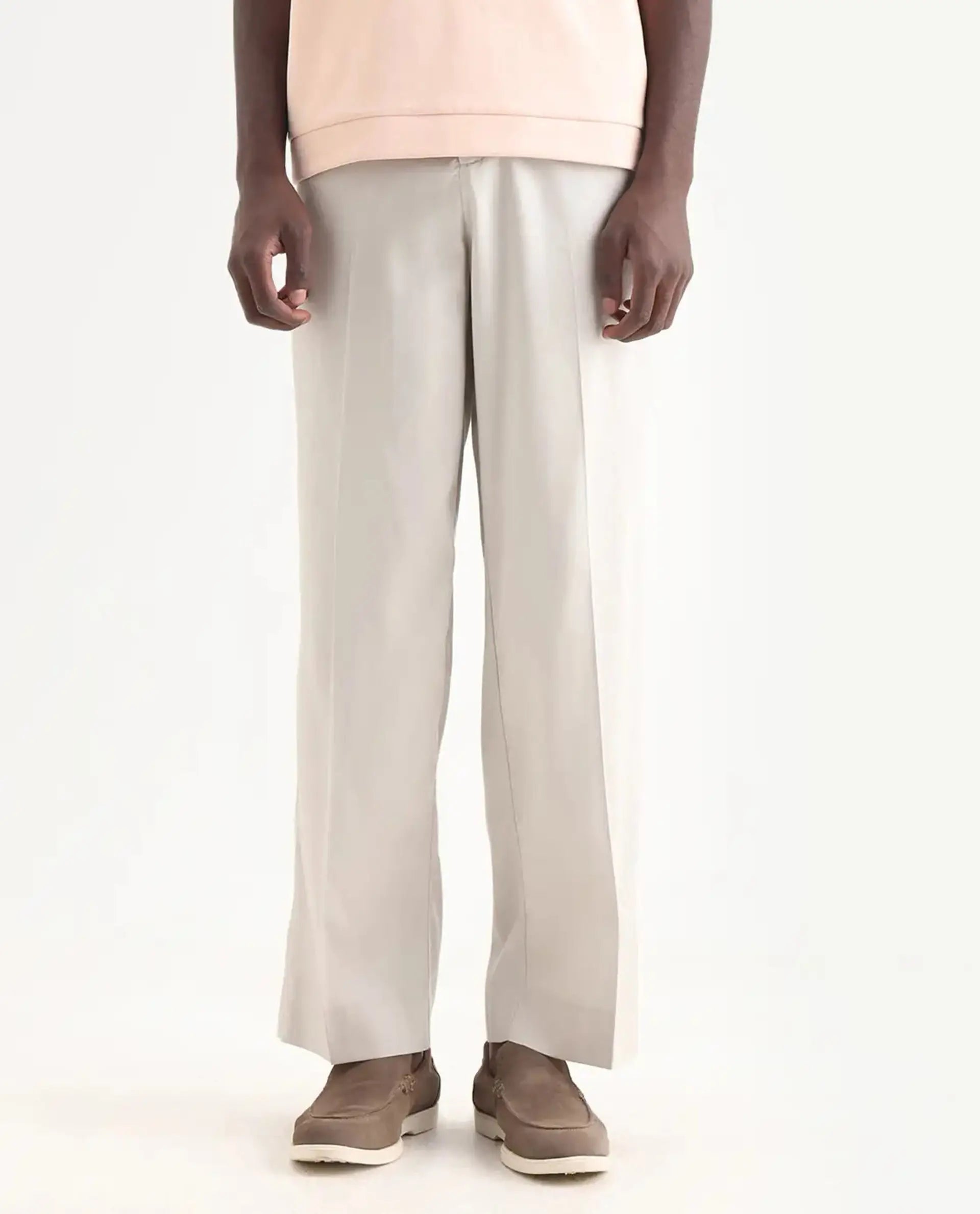Rare Rabbit Men's Essot Grey Excel Blend Plain Baggy Fit Trouser