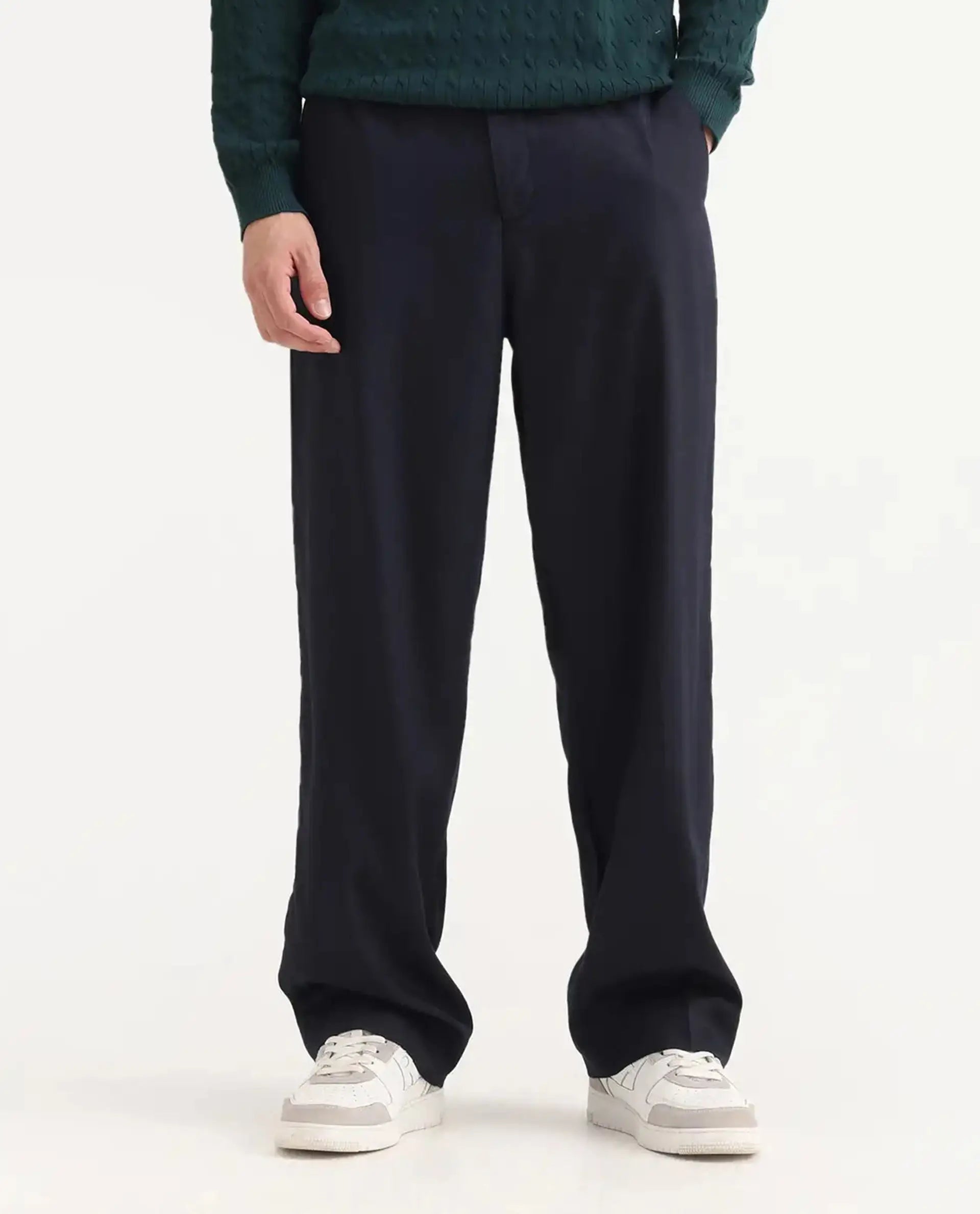 Rare Rabbit Men's Essot Navy Excel Blend Plain Baggy Fit Trouser