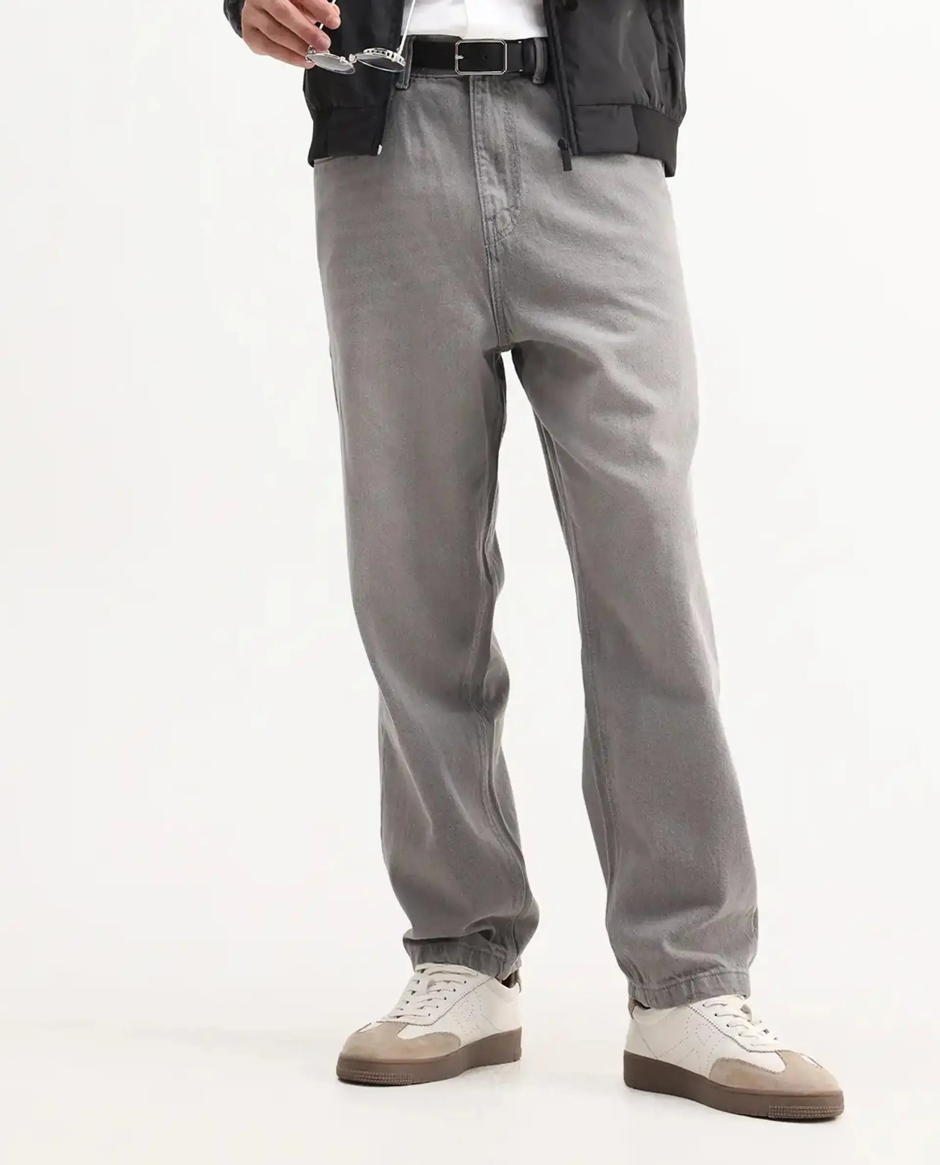 Rare Rabbit Men's Evet-2 Grey Cotton Plain Baggy Fit Jeans