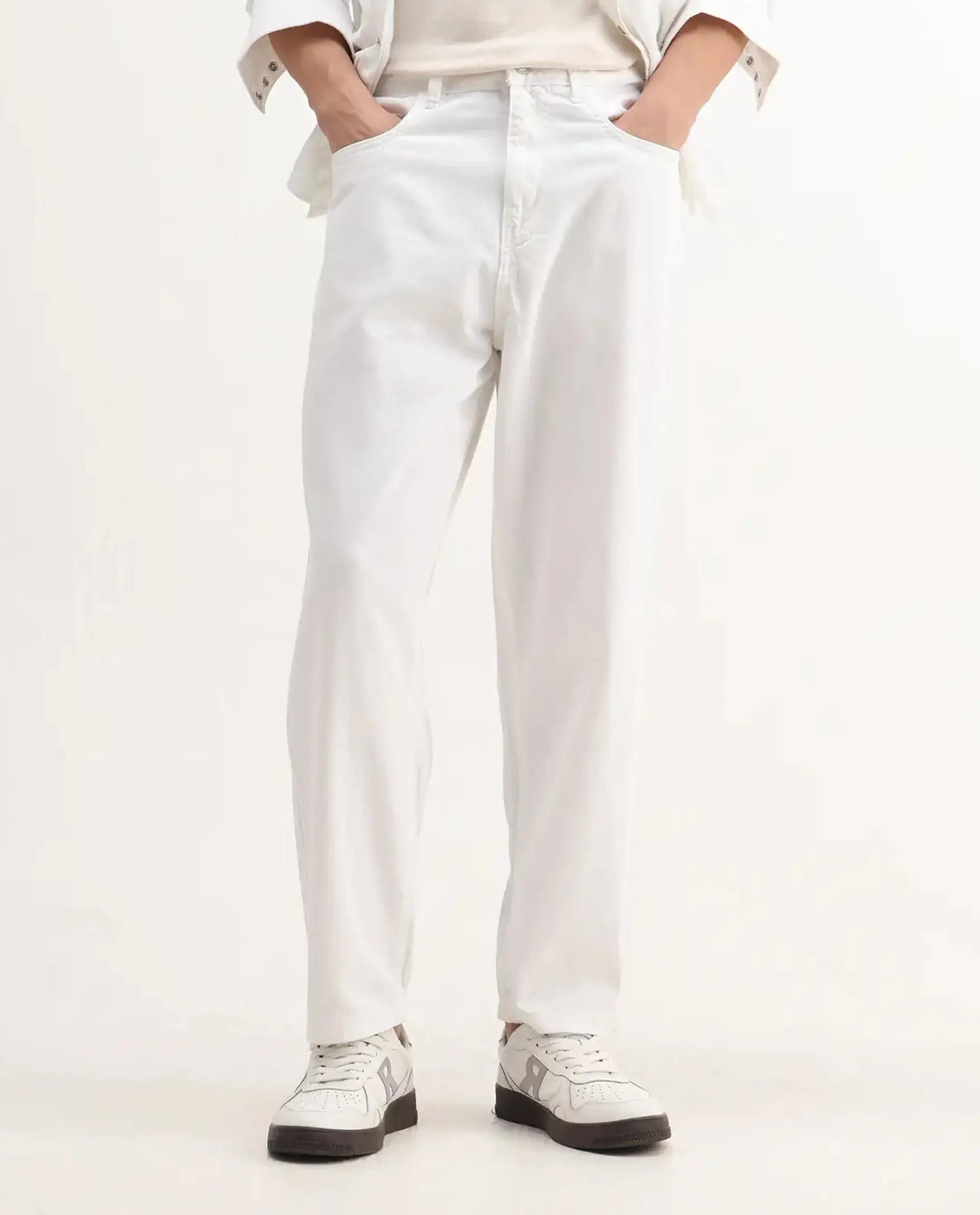 Rare Rabbit Men's Evet-2 White Cotton Plain Baggy Fit Jeans