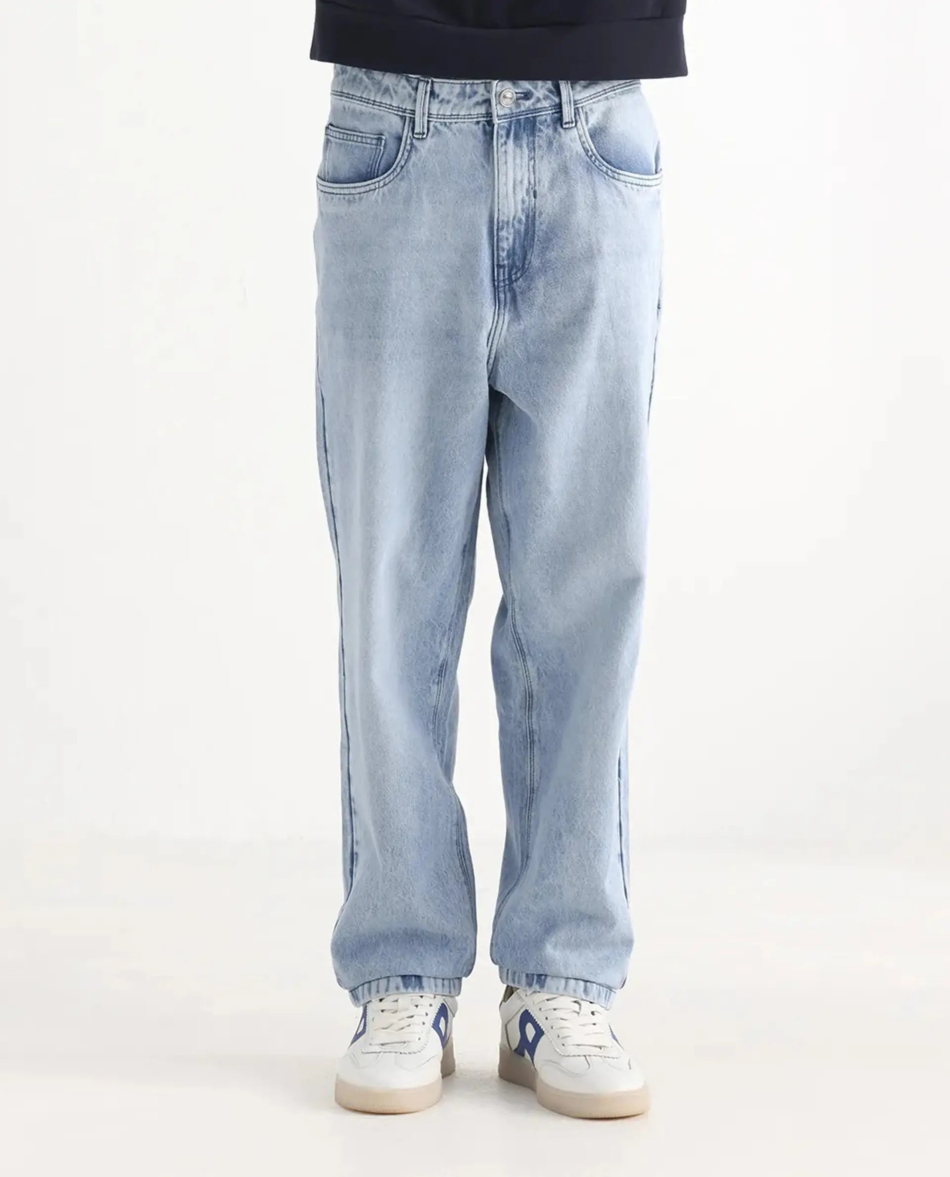 Rare Rabbit Men's Evet Pastel Blue Cotton Plain Baggy Fit Jeans