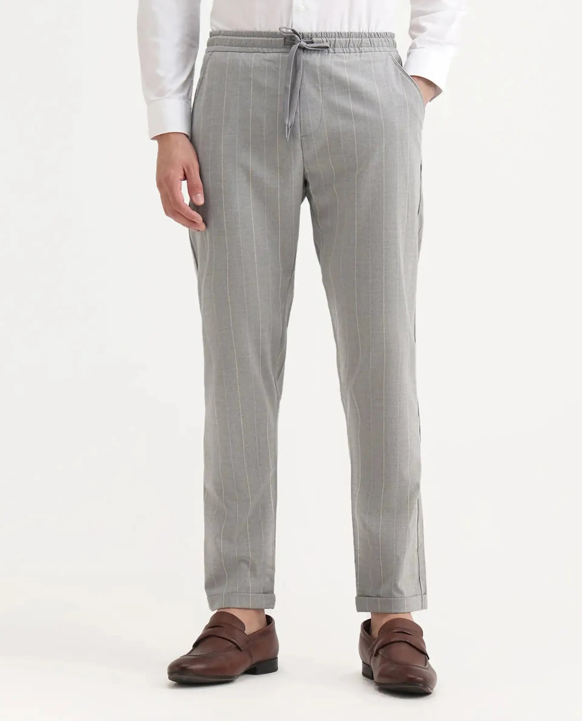 Rare Rabbit Men's Evita Grey Polyester Blend Striped Print Regular Fit Trouser