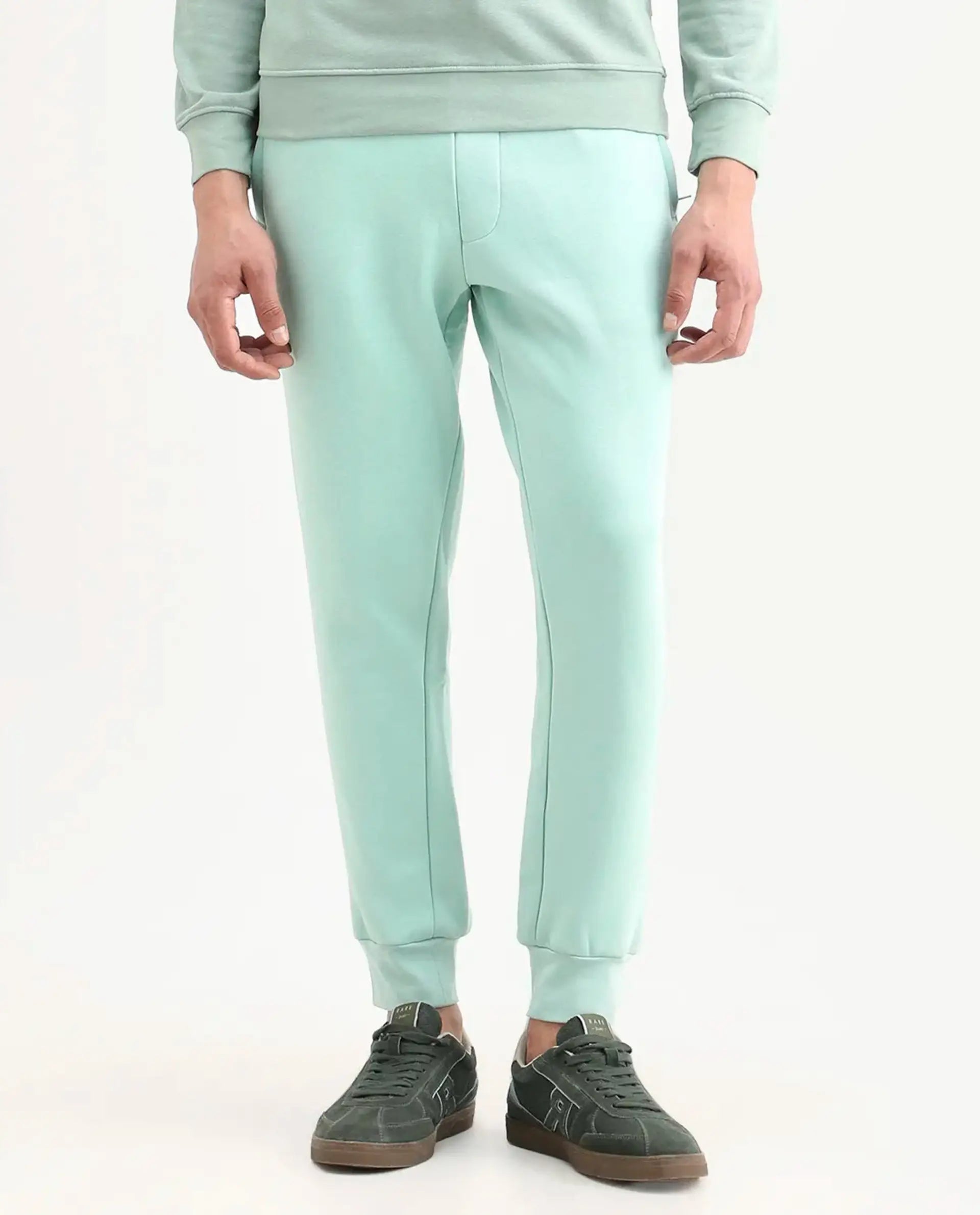 Rare Rabbit Men's Faroe Light Green Cotton Plain Regular Fit Joggers
