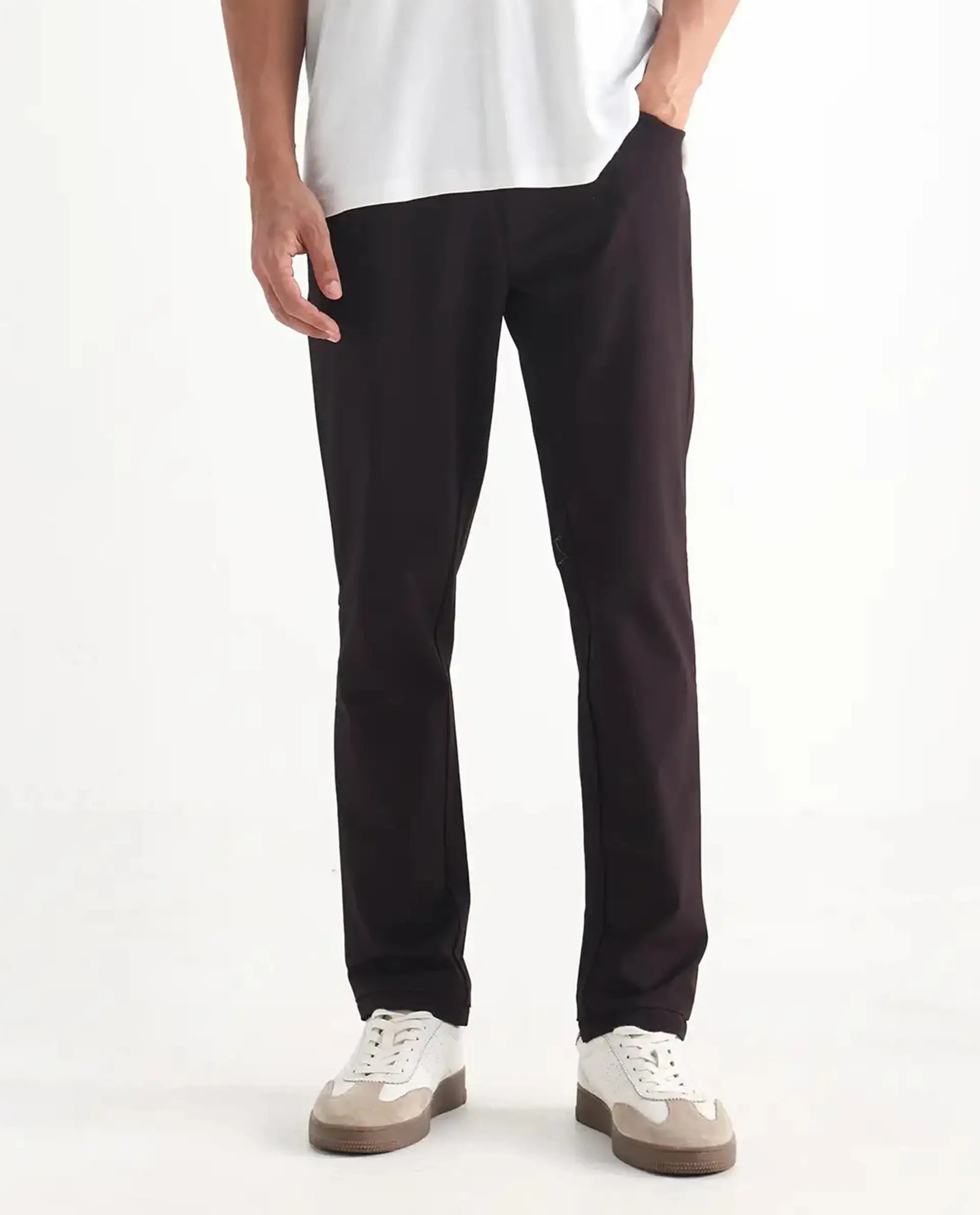 Rare Rabbit Men's Fastro Dark Maroon Polyester Blend Plain Regular Fit Trouser