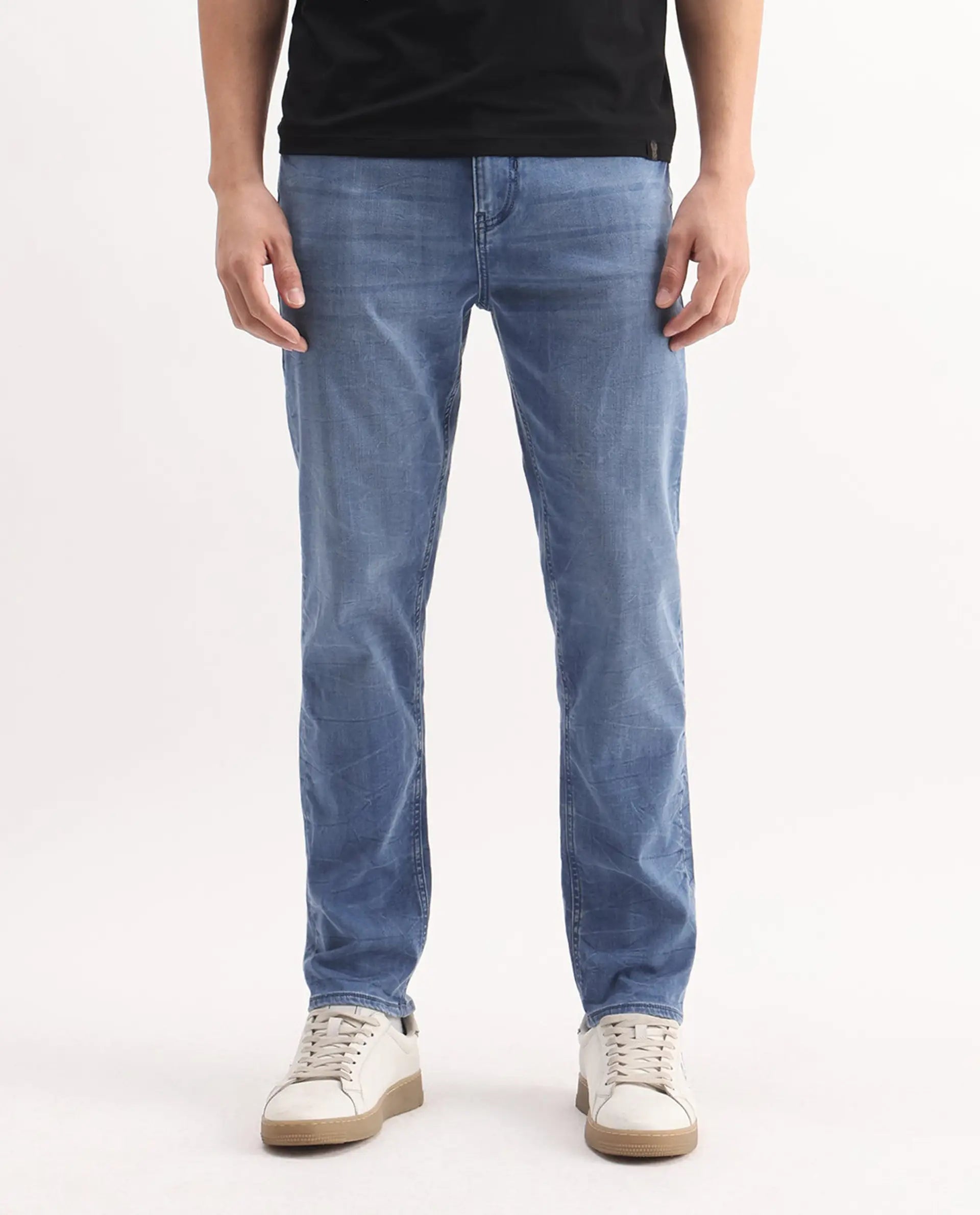 Rare Rabbit Men's Felix-K Blue Cotton Blend Plain Kurt Carrot Fit Jeans