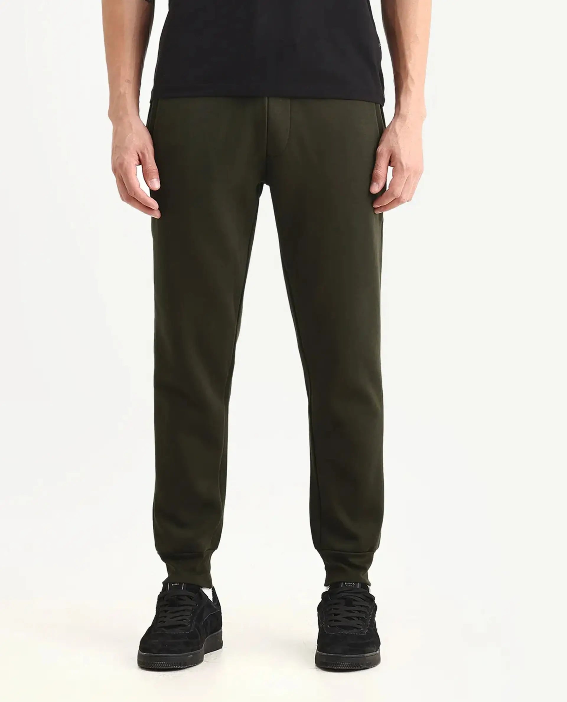Rare Rabbit Men's Fenit Olive Cotton Plain Regular Fit Joggers