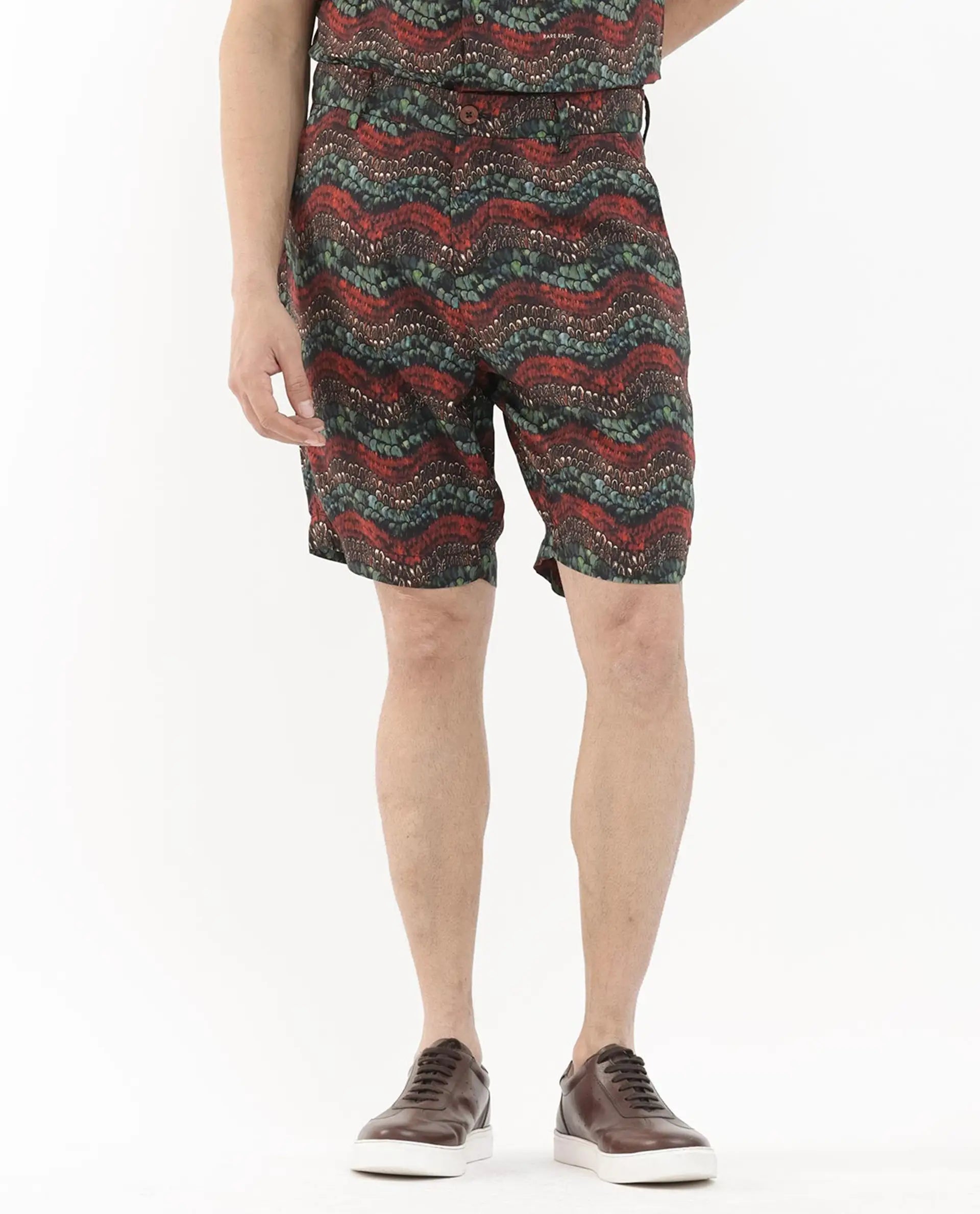 Rare Rabbit Men's Frakin Brown Viscose Abstract Print Relaxed Fit Shorts