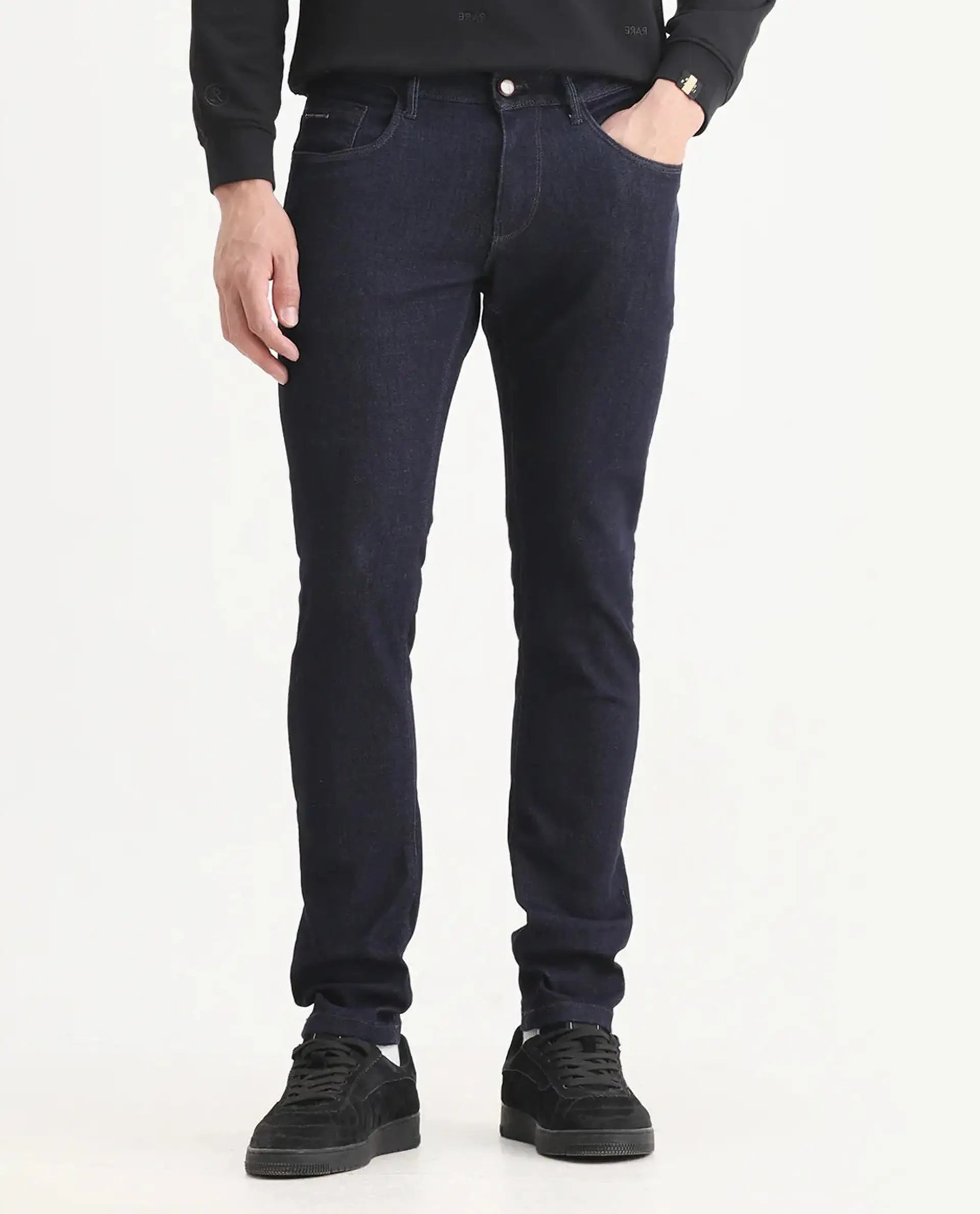 Rare Rabbit Men's Frisco Navy Cotton Plain Hawk Slim Fit Jeans