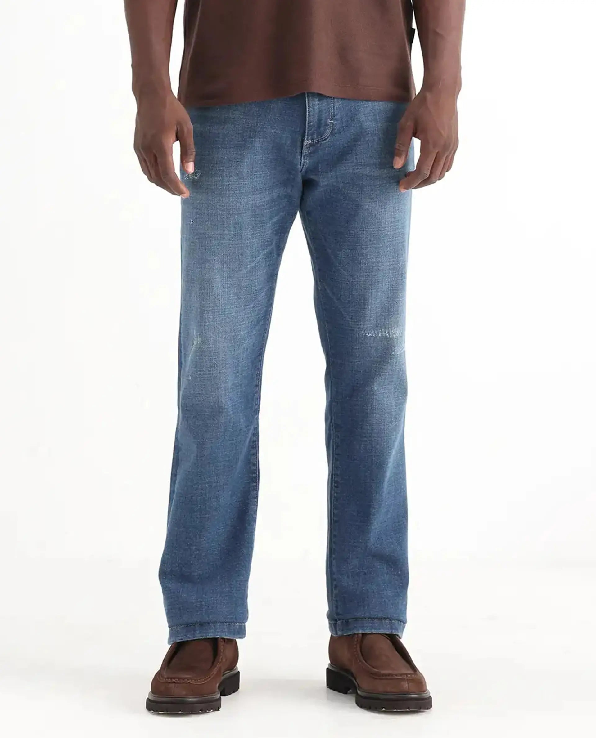 Rare Rabbit Men's Gala Blue Cotton Blend Plain Morris Regular Fit Jeans