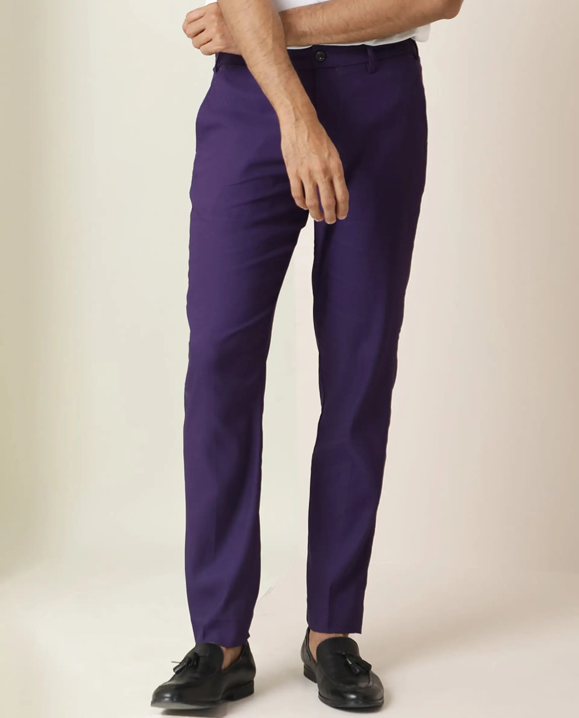 Rare Rabbit Men's Glade Purple Viscose Plain Slim Fit Trouser