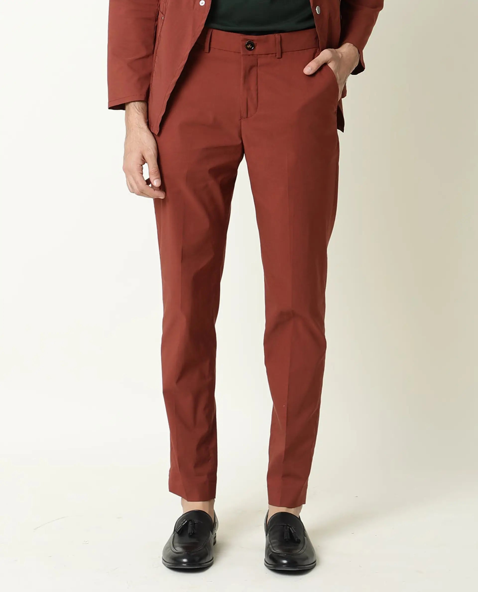 Rare Rabbit Men's Glak Rust Viscose Plain Slim Fit Trouser