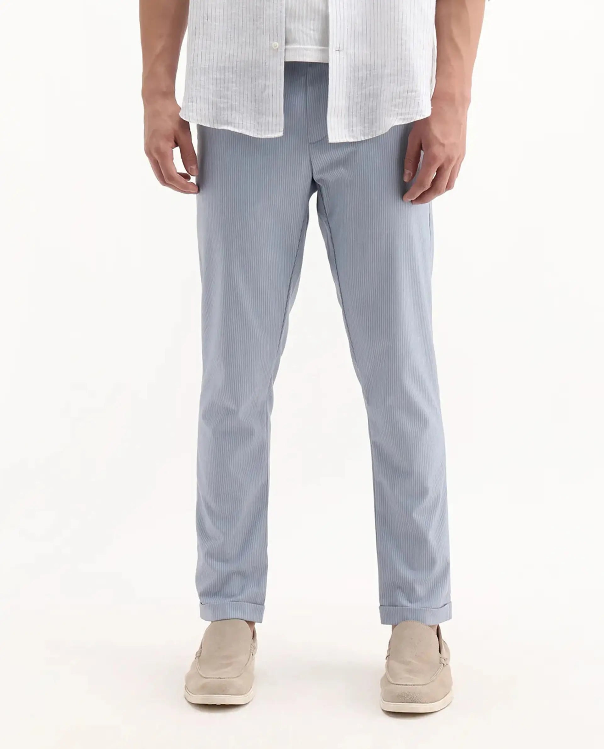 Rare Rabbit Men's Glew Pastel Blue Polyester Blend Striped Print Regular Fit Trouser