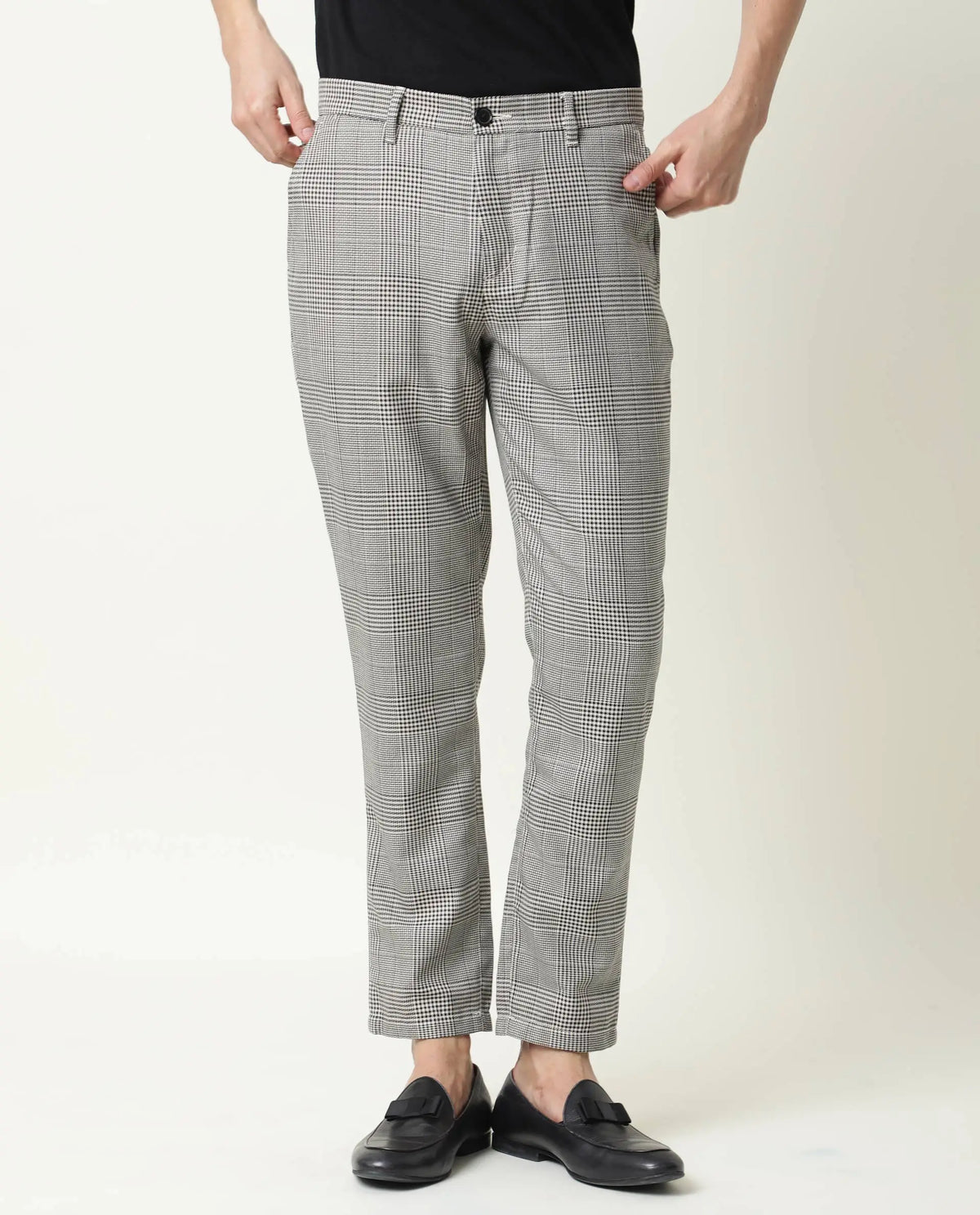 Rare Rabbit Men's Grayson Black Viscose Checked Print Slim Fit Trouser