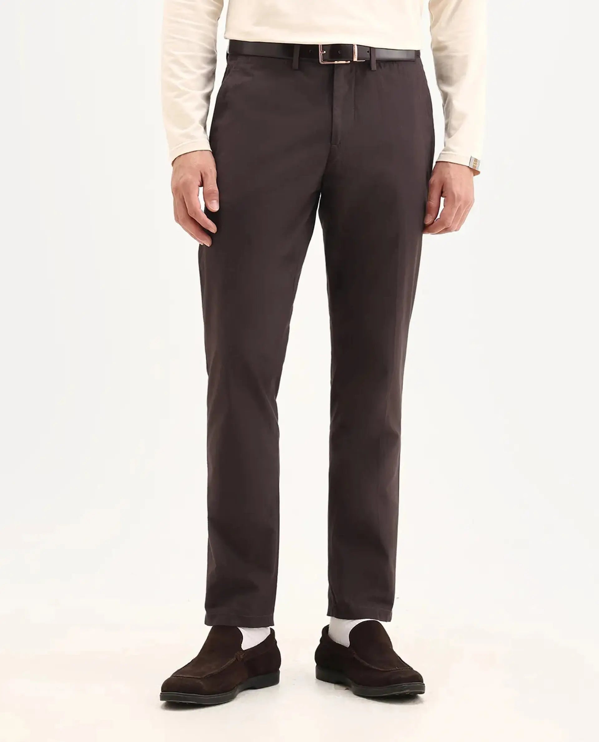 Rare Rabbit Men's Harlow Brown Cotton Plain Regular Fit Trouser