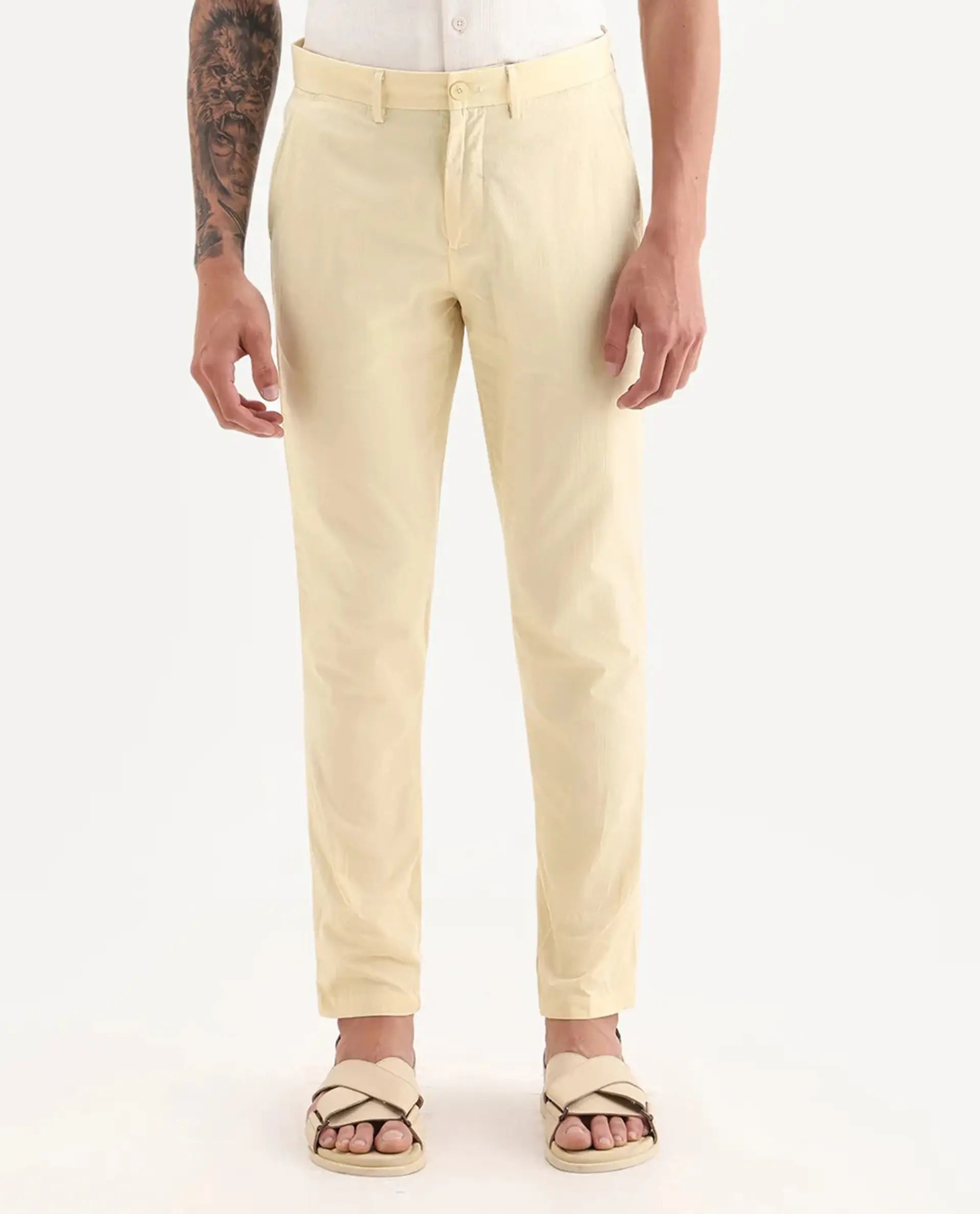 Rare Rabbit Men's Harlow Yellow Cotton Plain Regular Fit Trouser