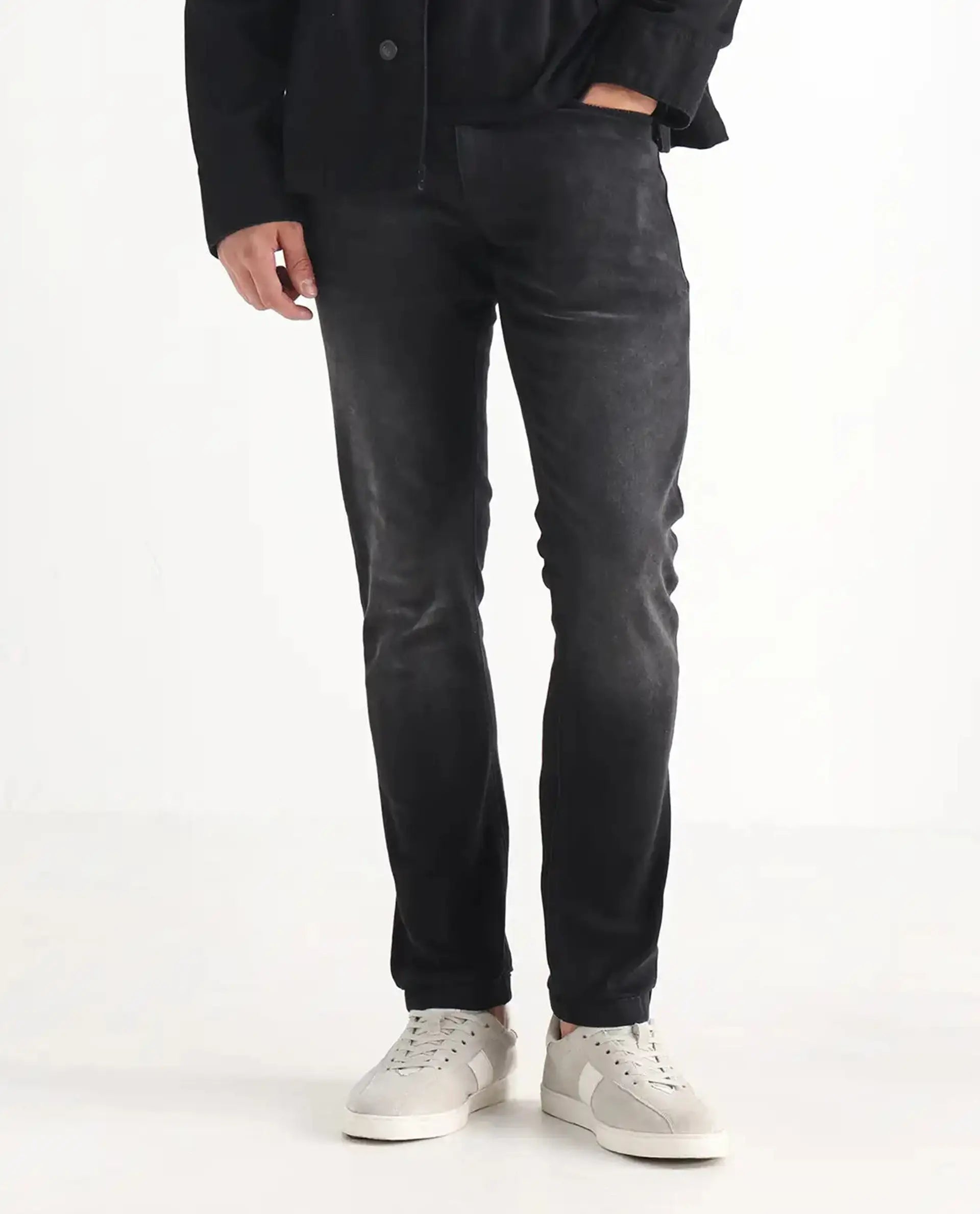 Rare Rabbit Men's Hawkins Grey Cotton Plain Hawk Slim Fit Jeans