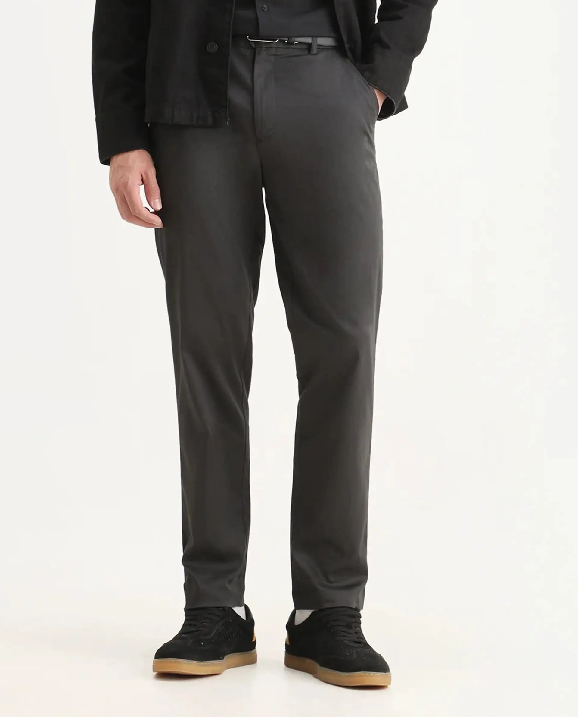 Rare Rabbit Men Hols Dark Grey Cotton Blend Fabric Button Closure Plain Trouser